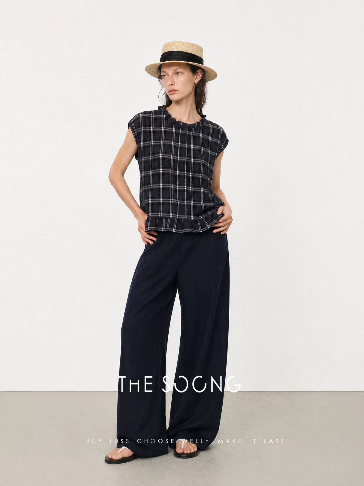 THESOONG/Yarn-Dyed Plaid Summer 100% Pure Cotton Wrinkled Split Double-Sided Vest Top for Women 9215