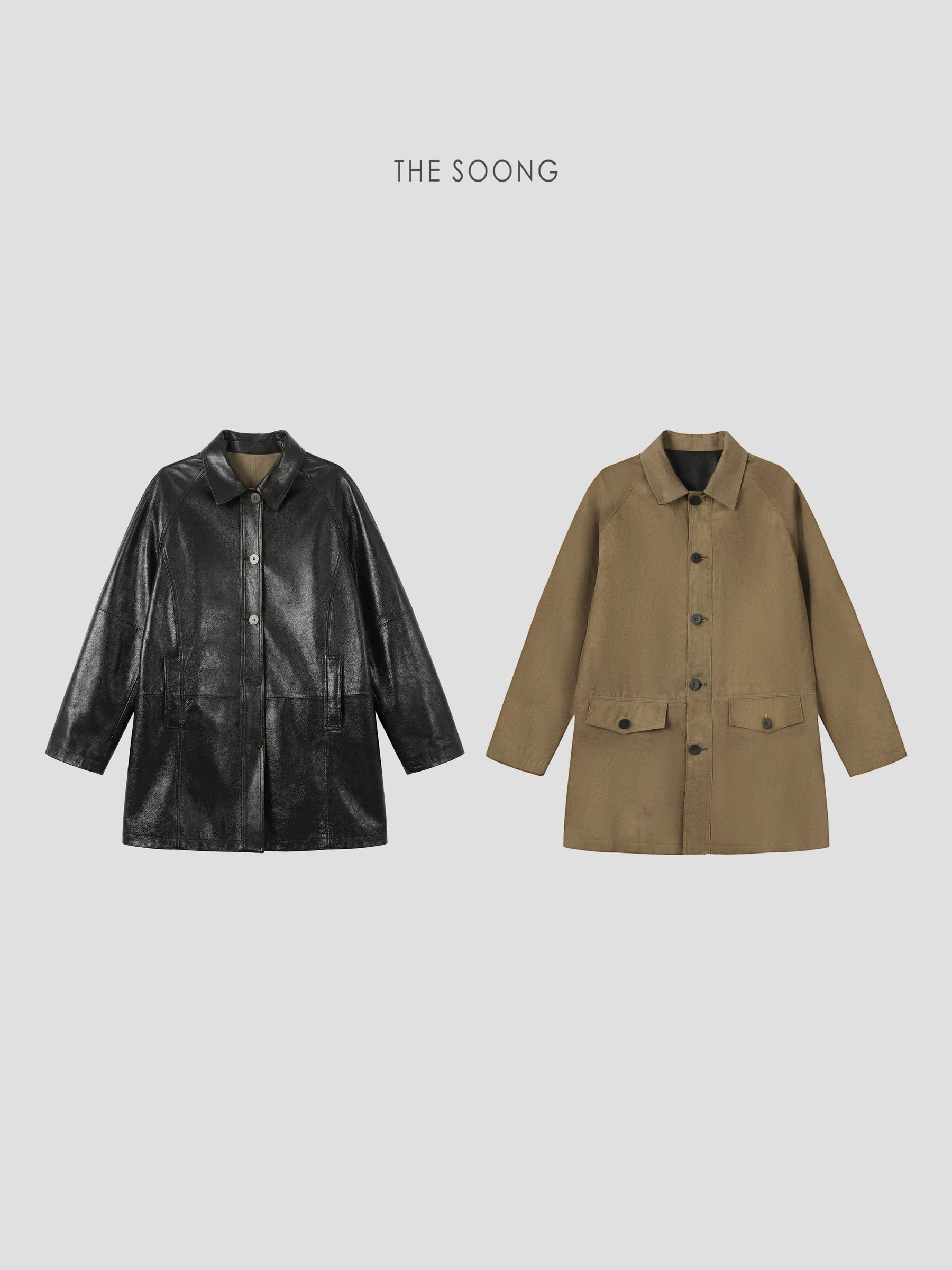 THESOONG/Double-Faced Leather Classic Retro 100% Lambskin Reversible Leather Trench Coat for Women 8640
