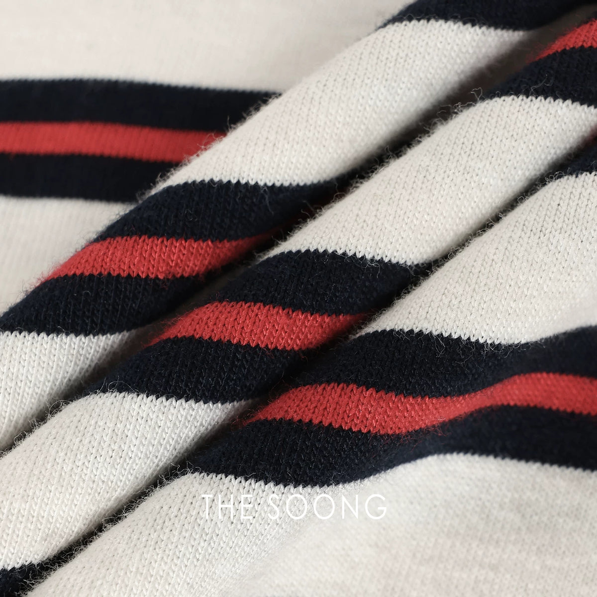 THESOONG/Relaxed Quiet Enjoyment 100% Cotton 0.6 Double-Line Three-Color Interwoven Stripe Crew Neck Long Sleeve T-Shirt Top 7004