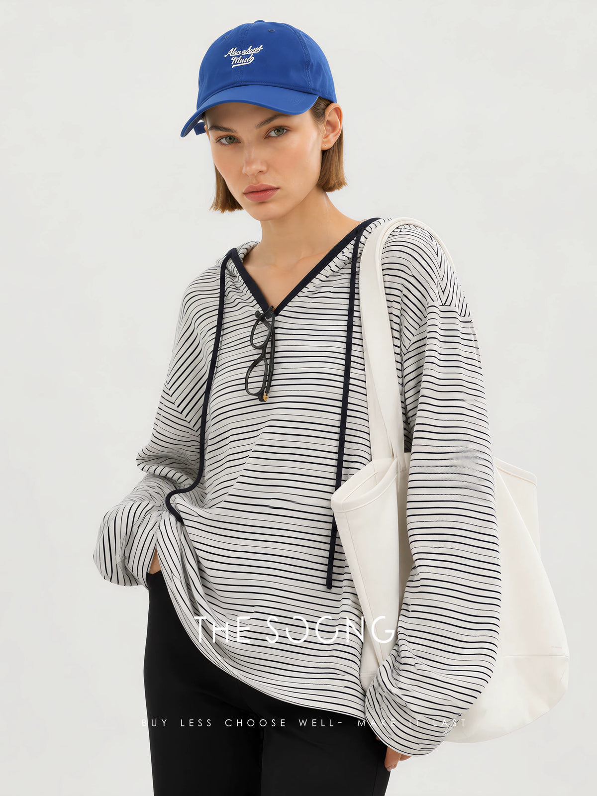 THESOONG/Soft washed skin-friendly cotton blend contrasting stripe hooded long sleeve top HBWY8224
