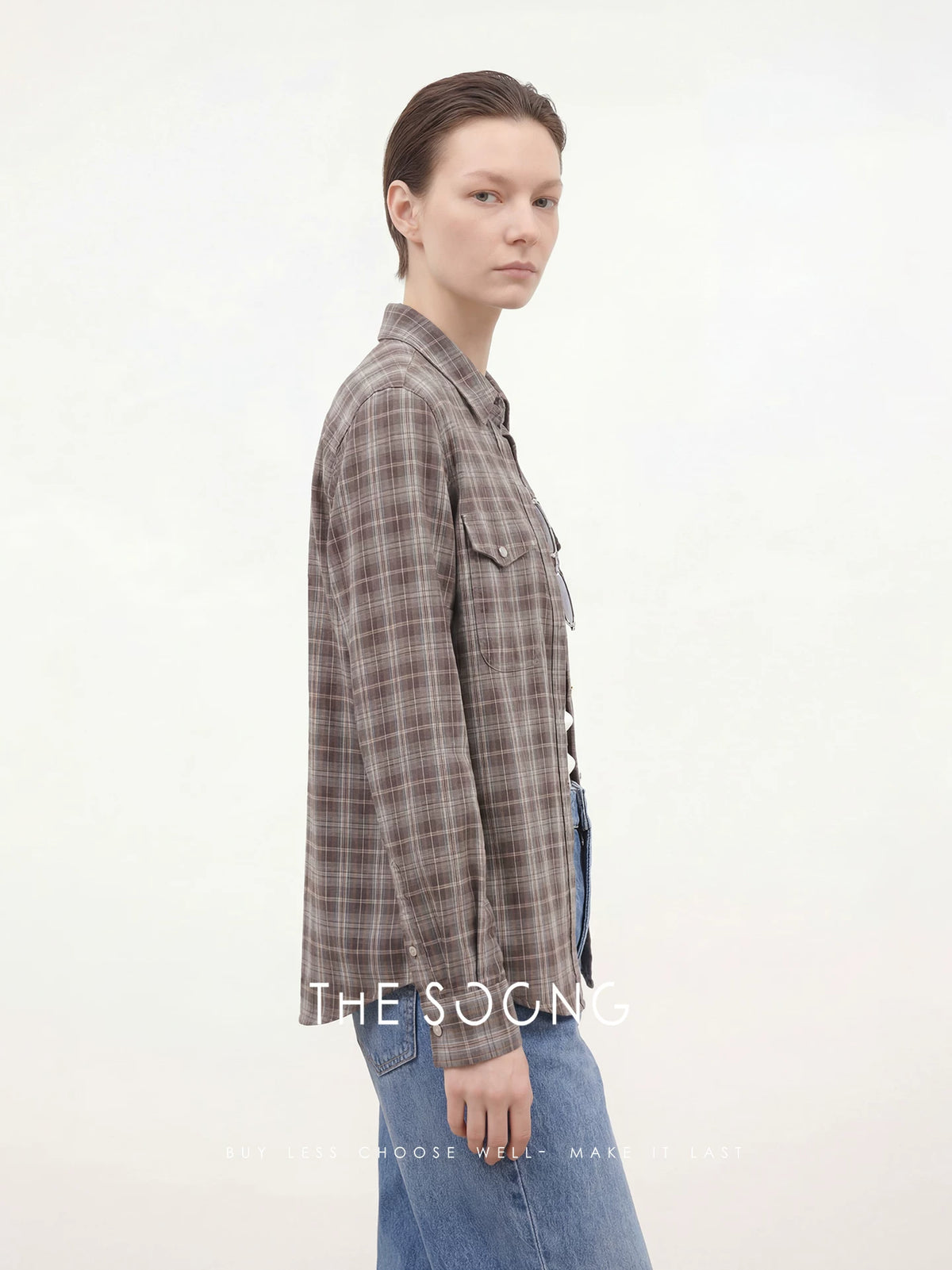 THESOONG/Plaid Order Double-Patch Pocket Long-sleeve Shirt for Women, Plaid Shirt, Summer 7682