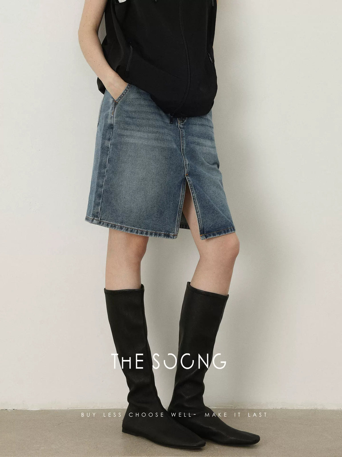 THESOONG/Natural Denim Lightweight 11.3oz Washed Faded Texture Retro Denim Skirt 6843