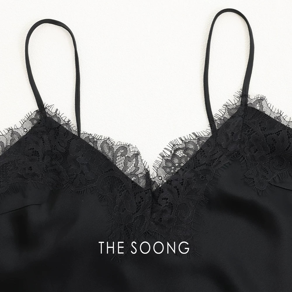 THESOONG/Satin Mist Acetate Satin Eyelash Lace Slim Strap Women's Camisole 9357