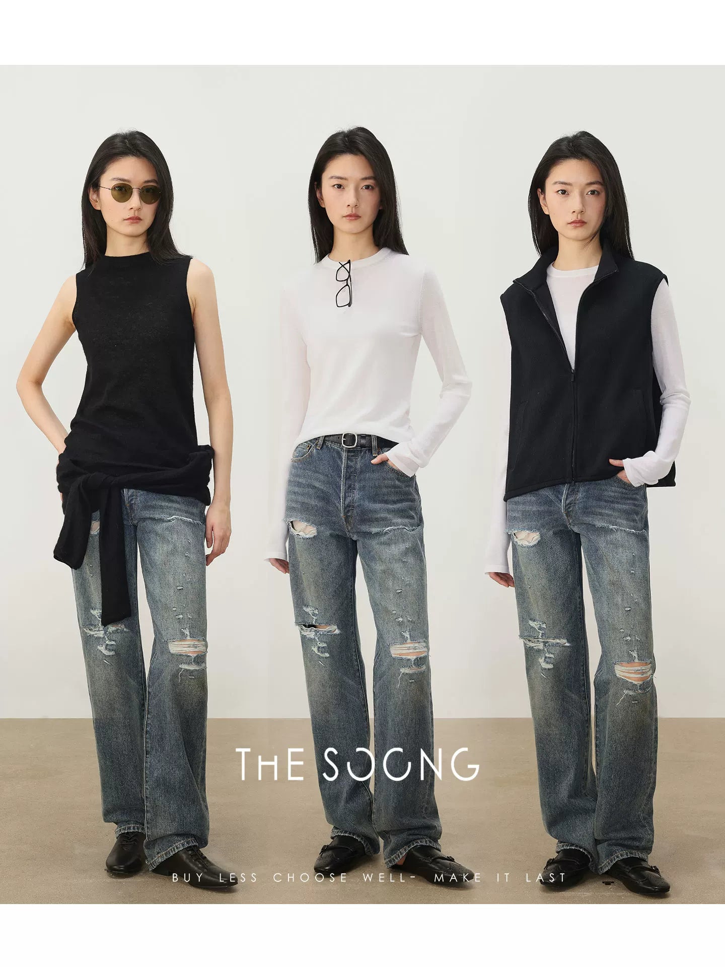 THESOONG/Salt-style well-regarded straight-leg jeans for women, irregular pull-out yuppie distressed distressed high-waisted 7427