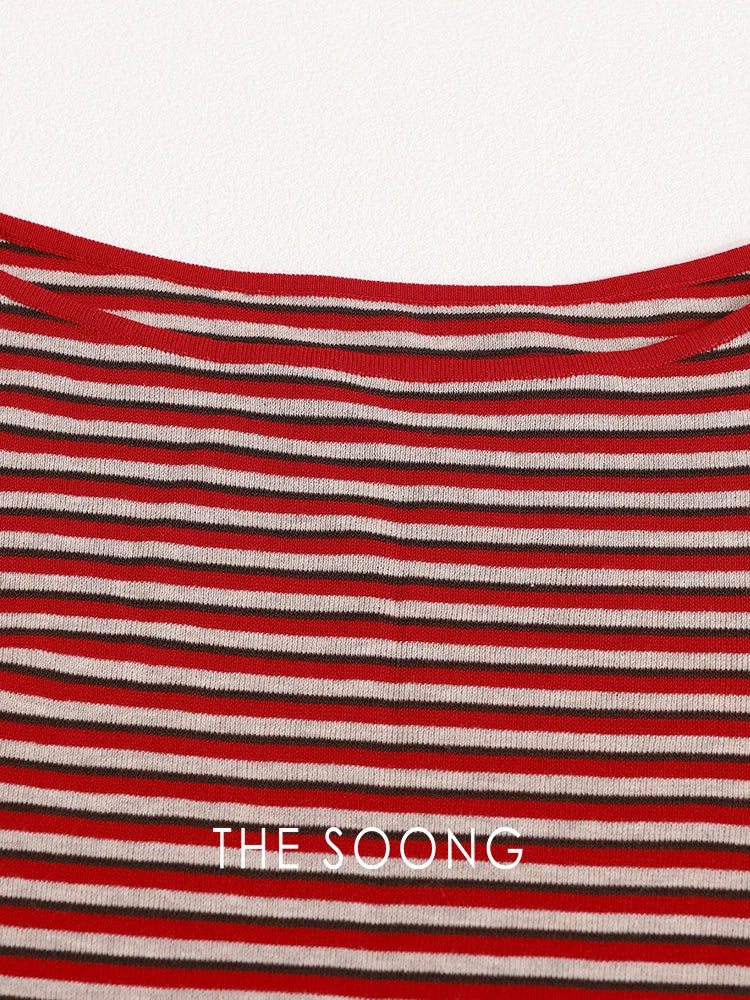 THESOONG/Xiwen Selected Acetate Long-Staple Cotton High-Count Blend, Lightweight Boat Neck Striped Sweater for Women 9103