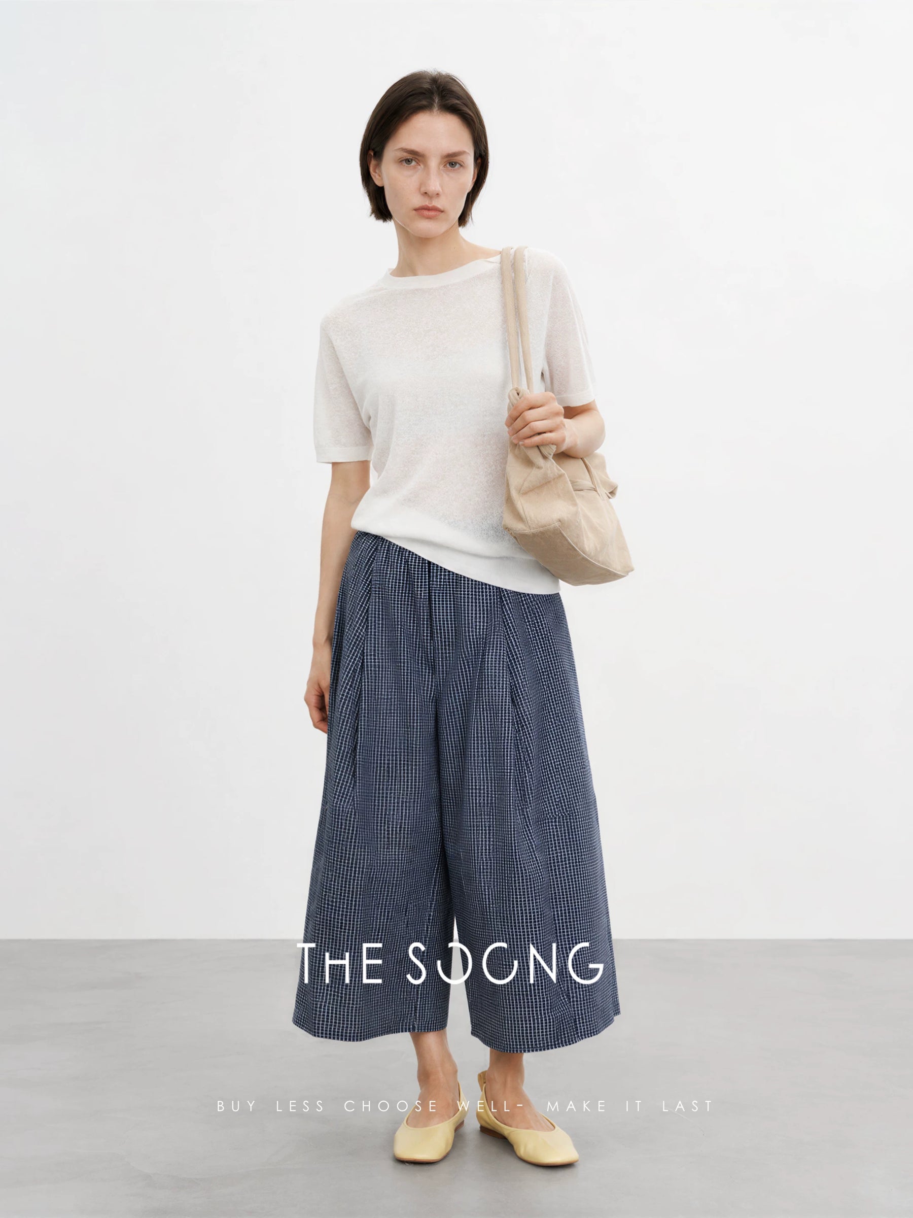 THESOONG/Classic Work 100% Cotton Tailored Linear Plaid Large-Size Women's Wide-Leg Casual Pants 8479