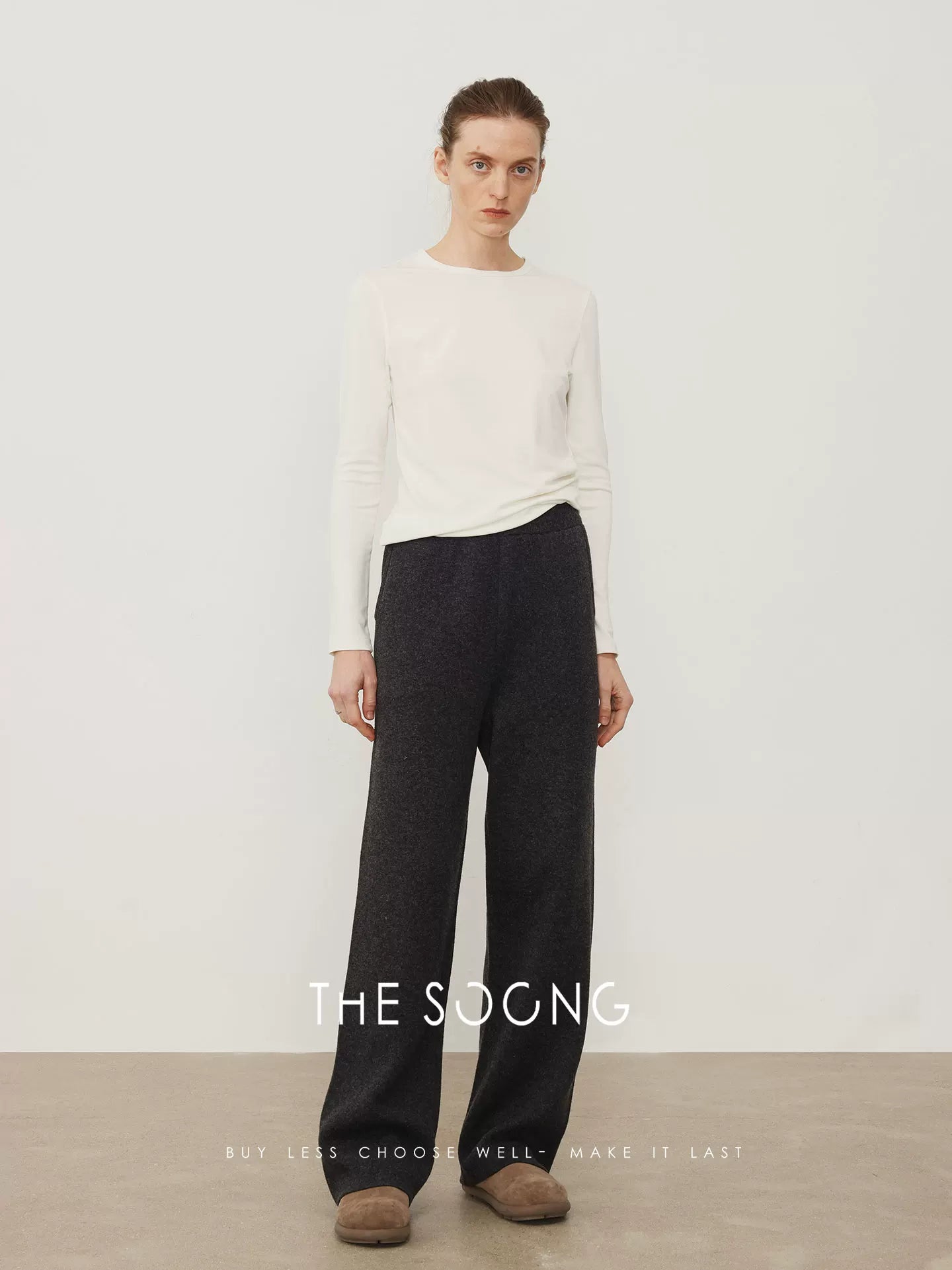 THESOONG/Flattering Woolen Pants Merino Wool Warm Matte Texture Elastic Mid-Waist Casual Pants for Women 8272
