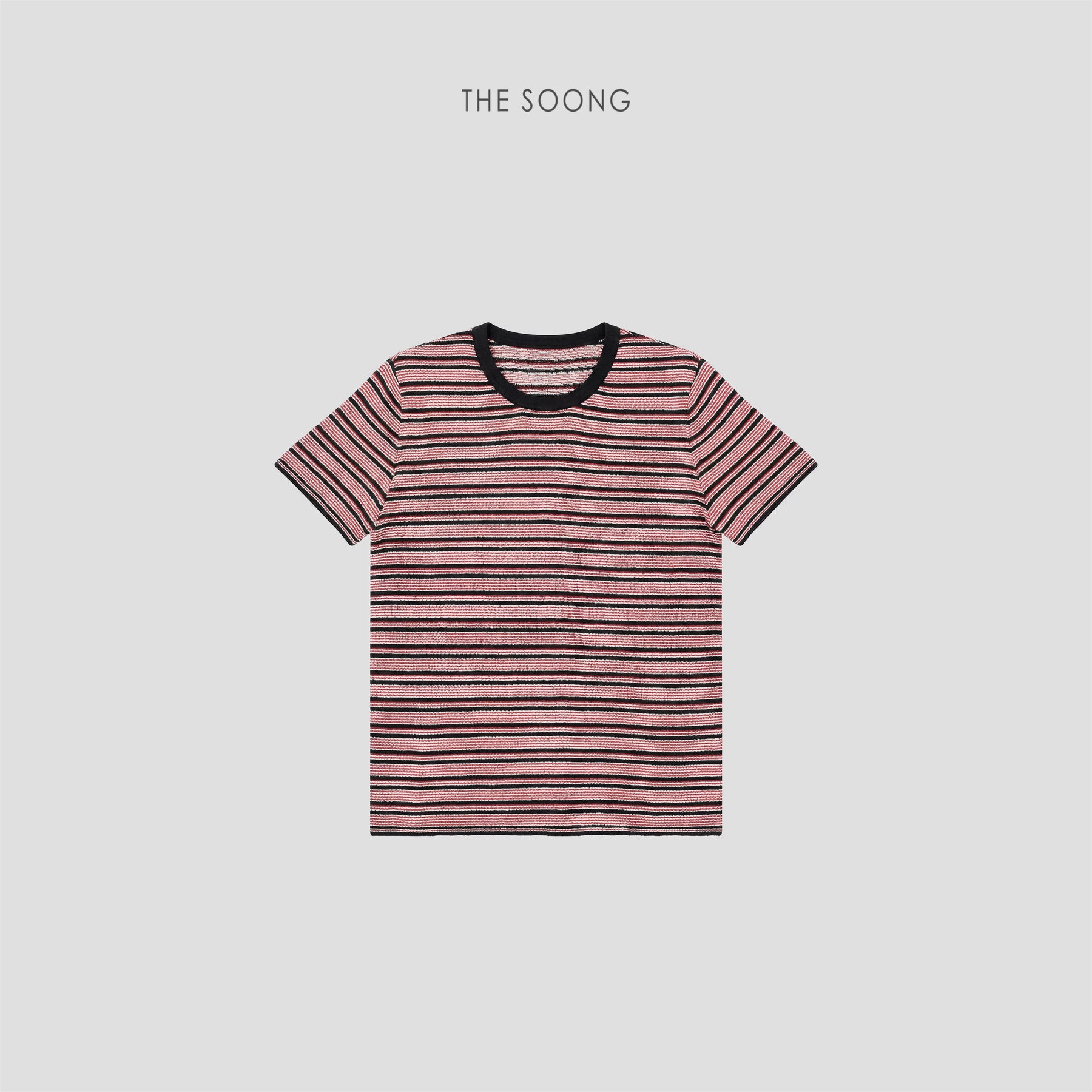 THESOONG/Comfortable Feel Fine Stripe Knit Round Neck Short Sleeve T-Shirt, High Elastic Wrinkle-Resistant Top, Women 8881