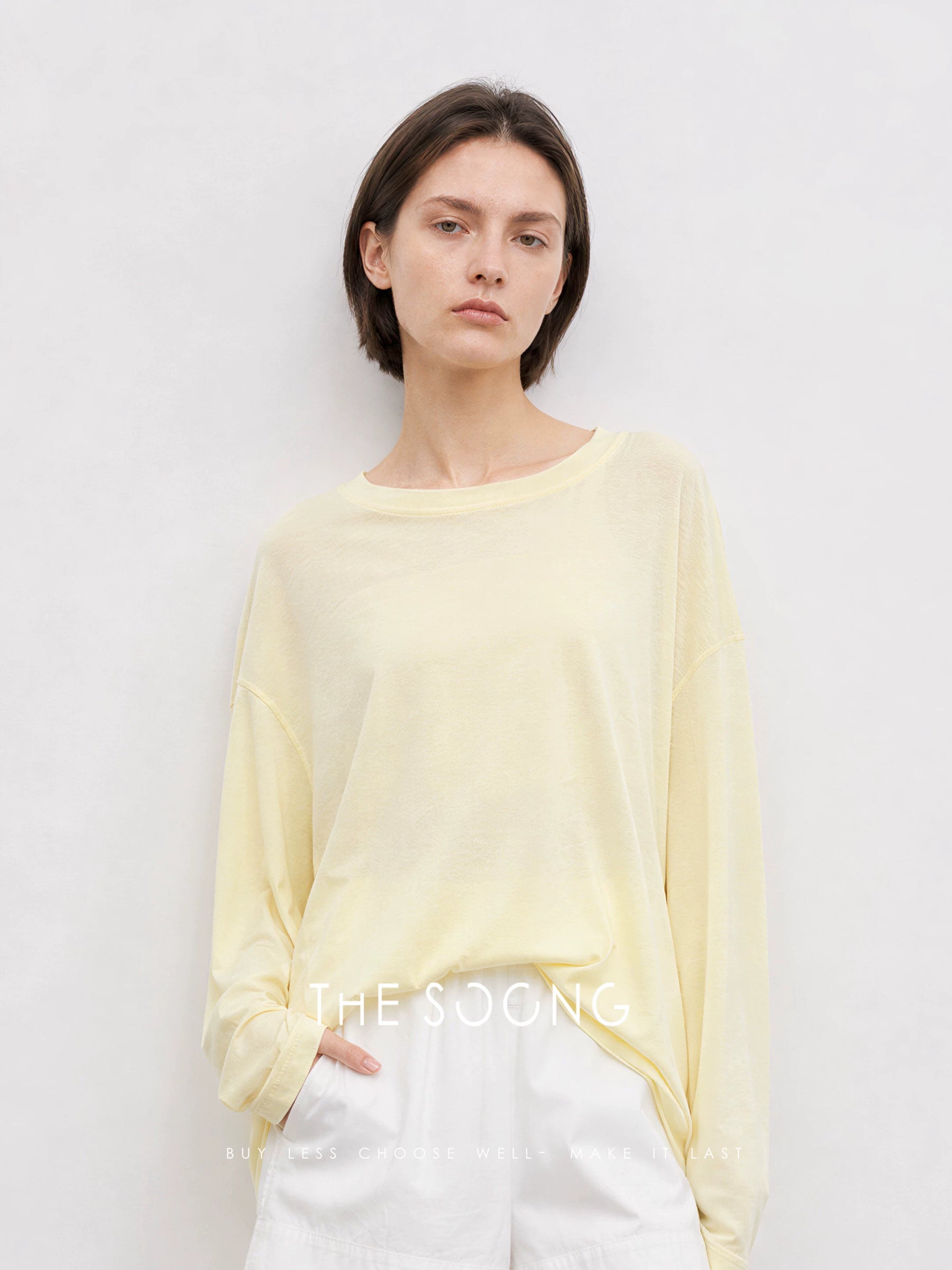 THESOONG/Cocoon T Simple Basic 100% Paper-Feel Cotton Round Neck Loose Solid Long Sleeve T-Shirt for Women 8819