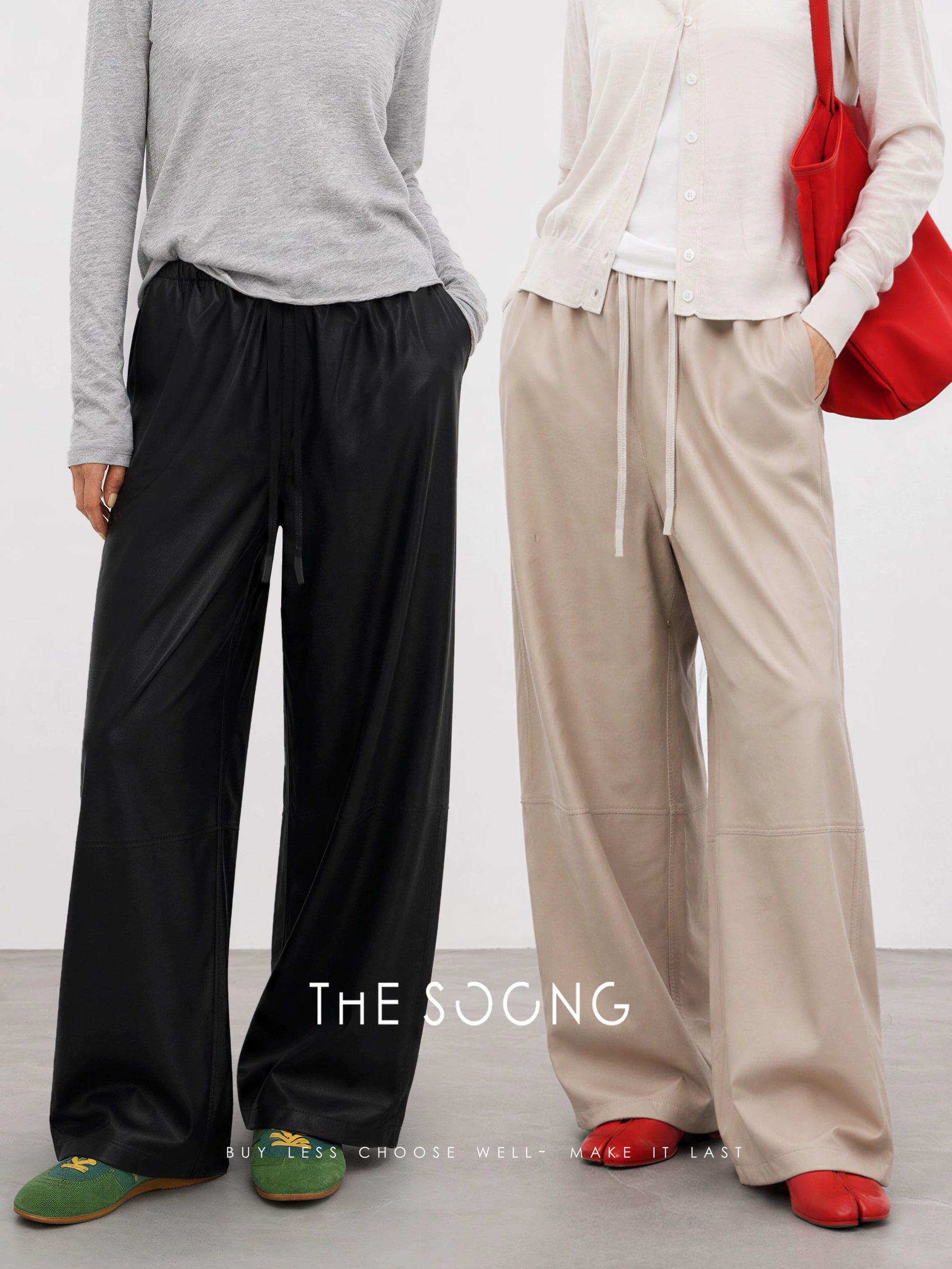 THESOONG/ Soft Leather Pants 100% Sheepskin Craftsmanship Simple Tanned Textured Elastic Drawstring Leather Pants 9301