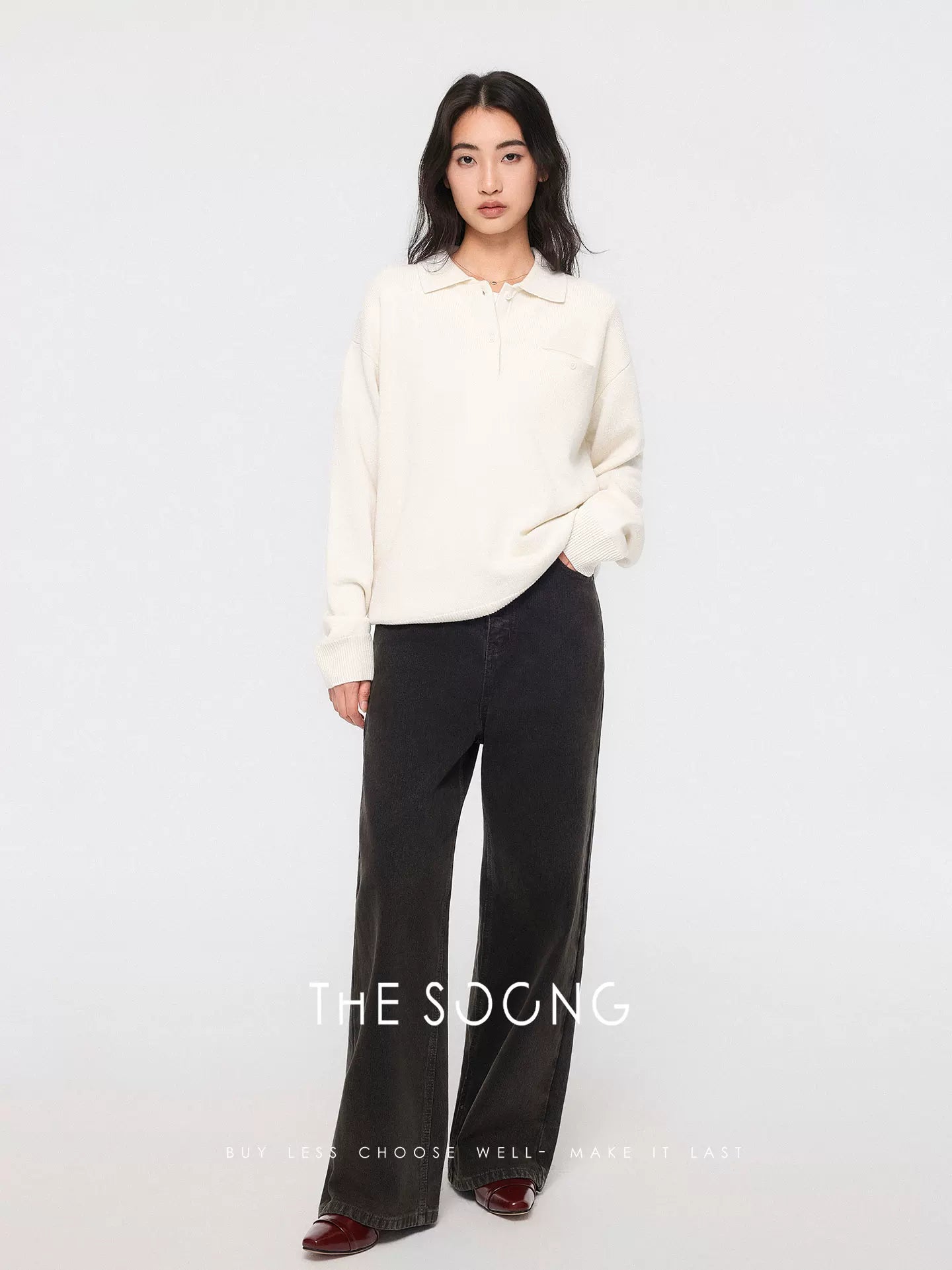 THESOONG Soft and Cozy Thin 100% Wool Single-Sided Knit Knit Collar Sweater 8043