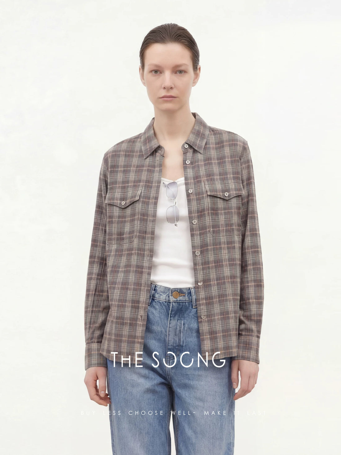 THESOONG/Plaid Order Double-Patch Pocket Long-sleeve Shirt for Women, Plaid Shirt, Summer 7682