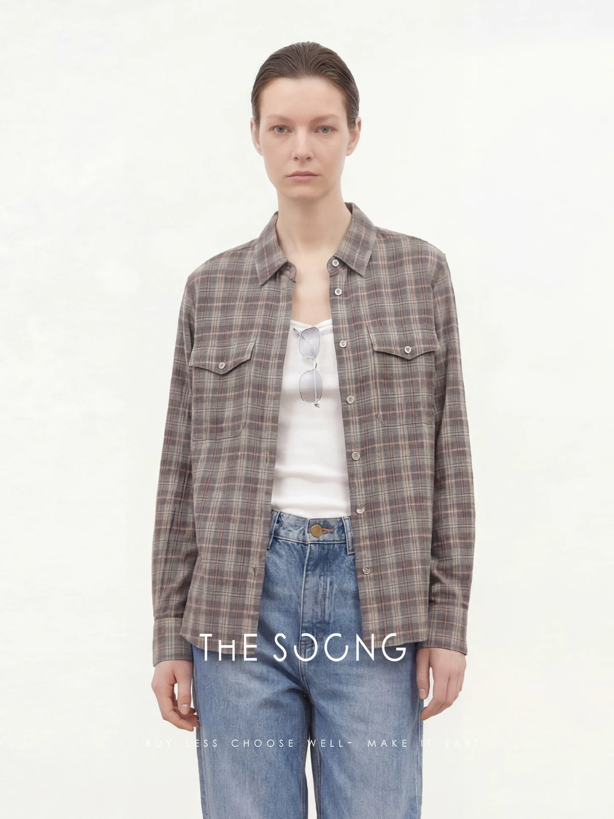 THESOONG/Plaid Order Double-Patch Pocket Long-sleeve Shirt for Women, Plaid Shirt, Summer 7682