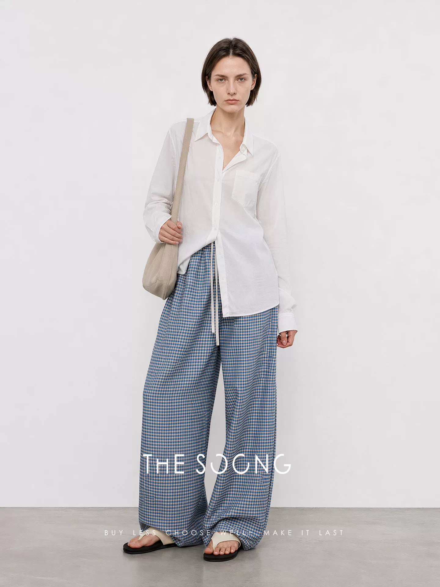 THESOONG/Blue/White Plaid Recycled Cellulose Wide-Leg Pants for Women, Summer High-Waisted Drape Pants HWKZ9372