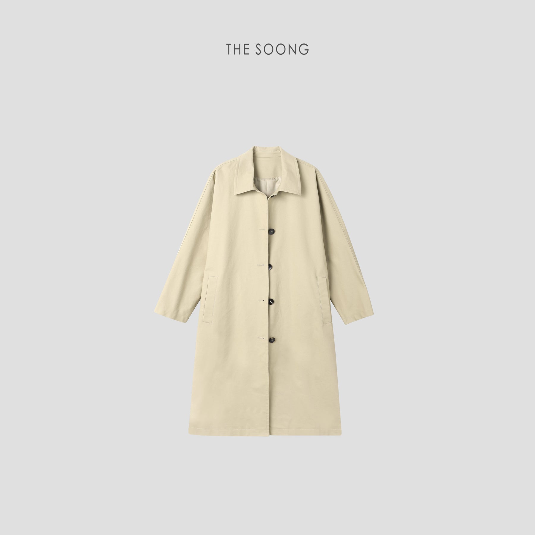 THESOONG / Old Milan 365g Woven Fabric Long Trench Coat Simple Horn Button Khaki Coat