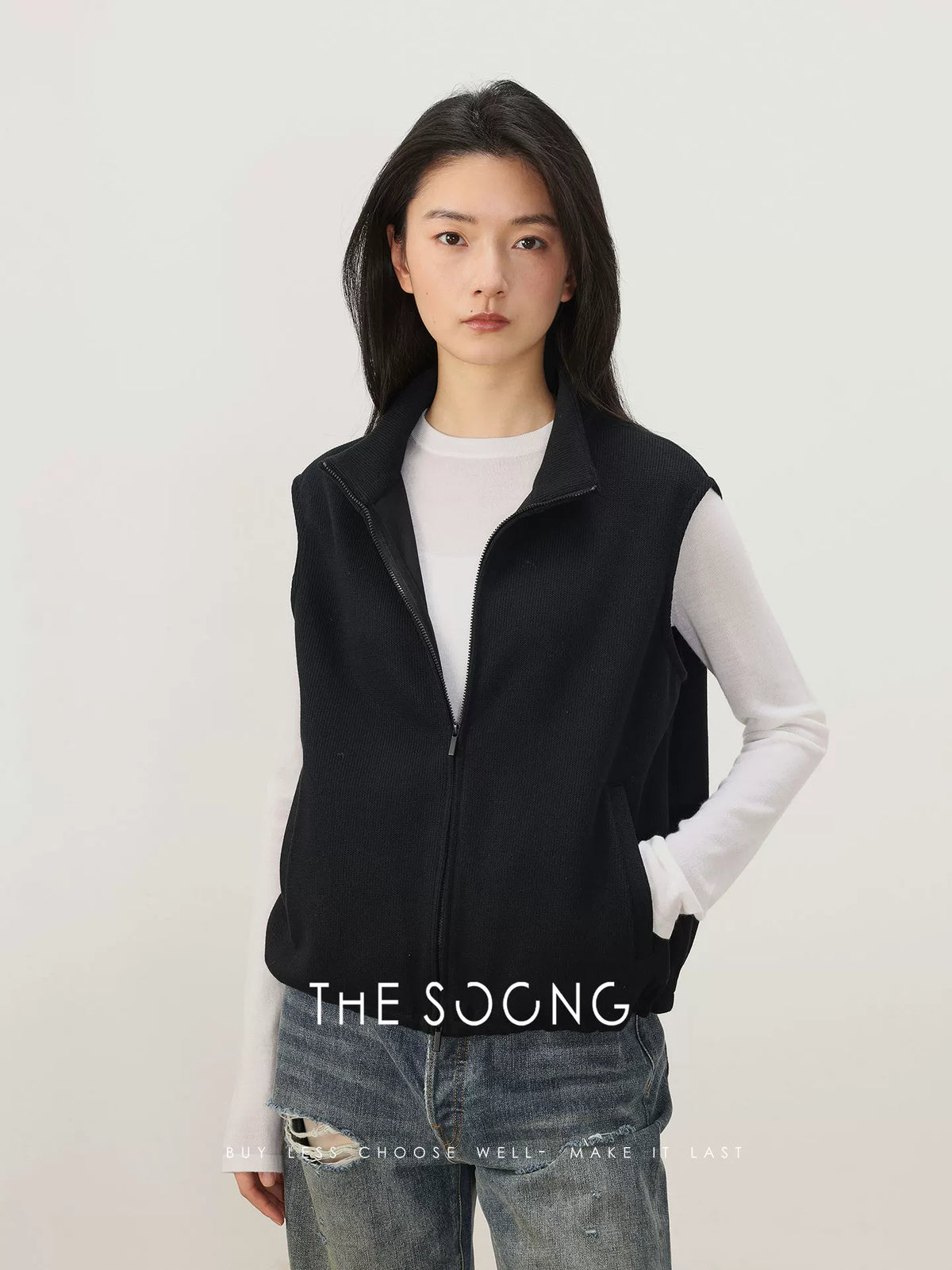 THESOONG / Spring Layering Vest Women's Fashion Chic Sleeveless Zip-up Half-high Collar Petite Vest 8259