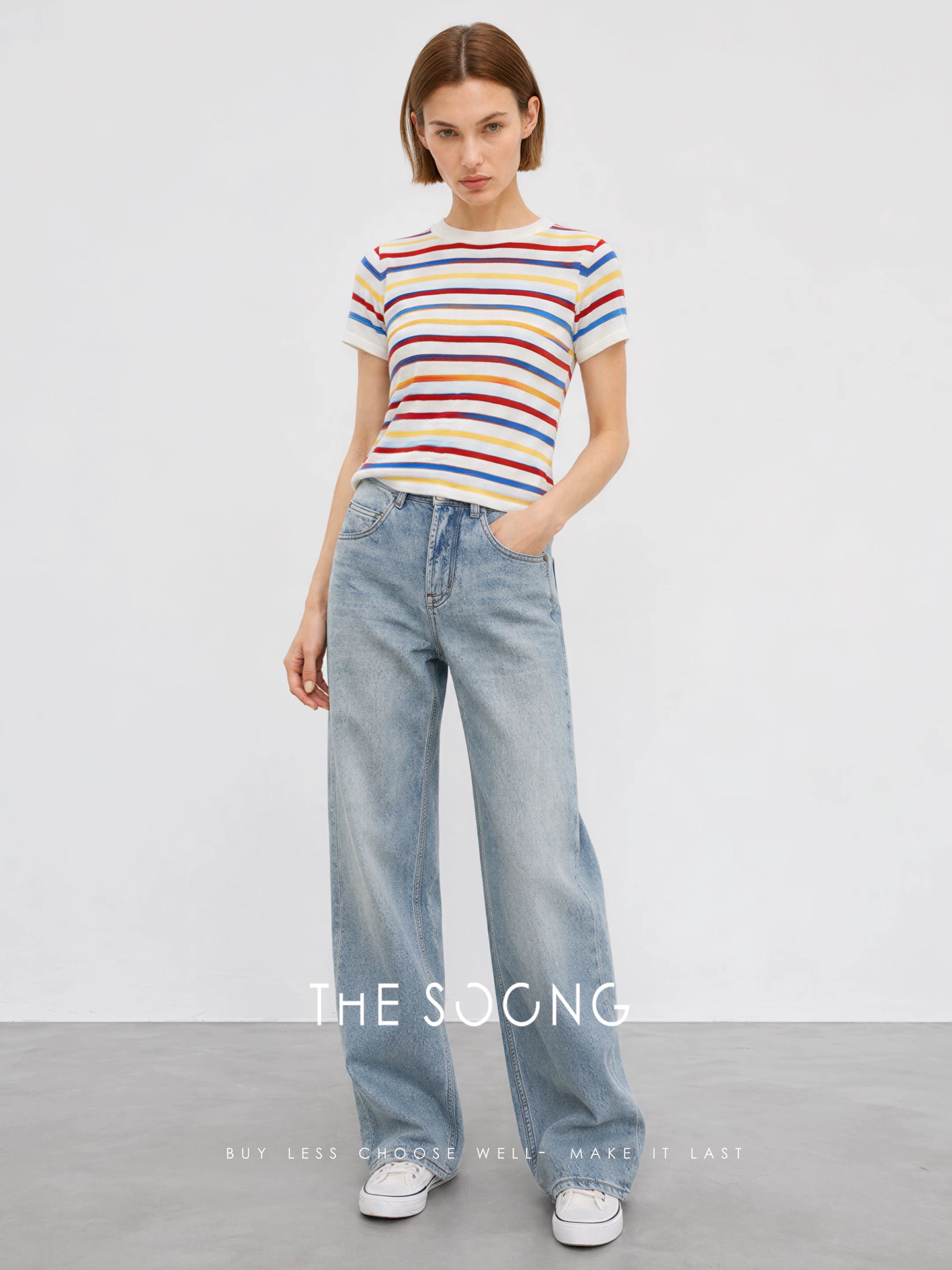 THESOONG / Rainbow Sweater Australian Imported 90% Wool High-Count Fine Knit Short Sleeve Striped Sweater for Women 9041