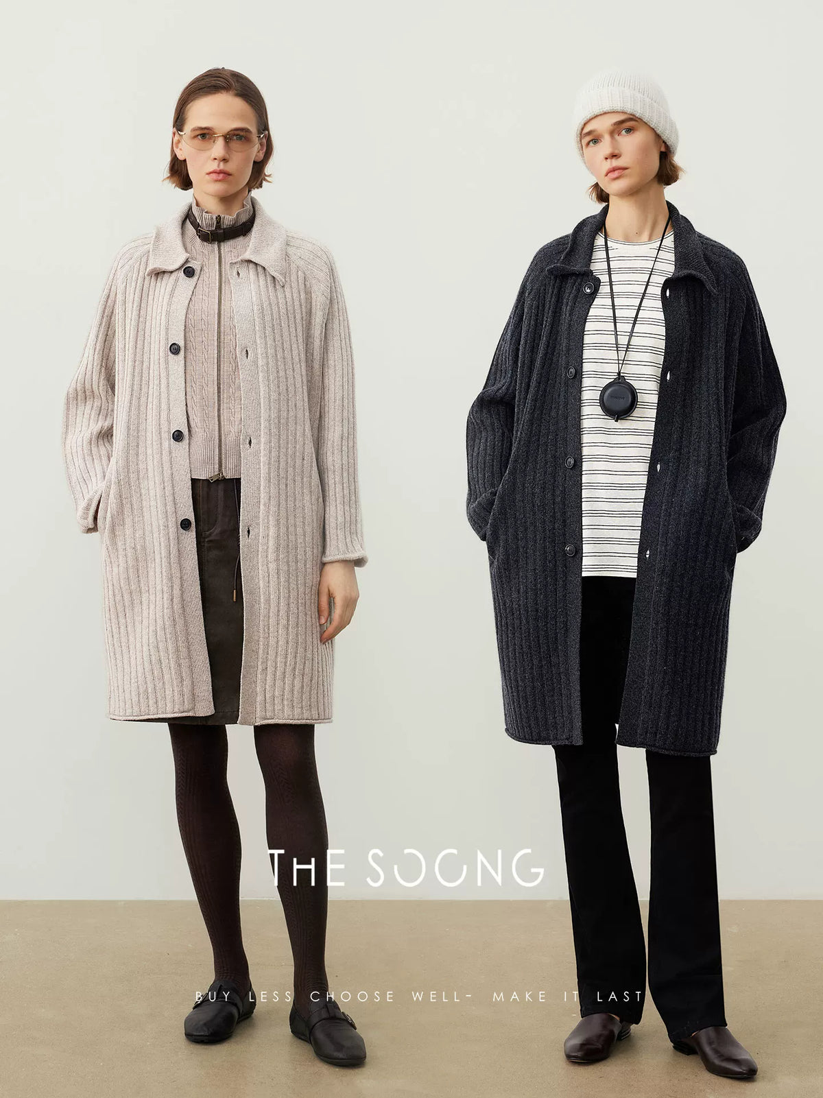 THESOONG/100% Basuran Wool Knit Long-Sleeve Cardigan Women's Mid-Length Trench Coat, Minimalist Outerwear 7526