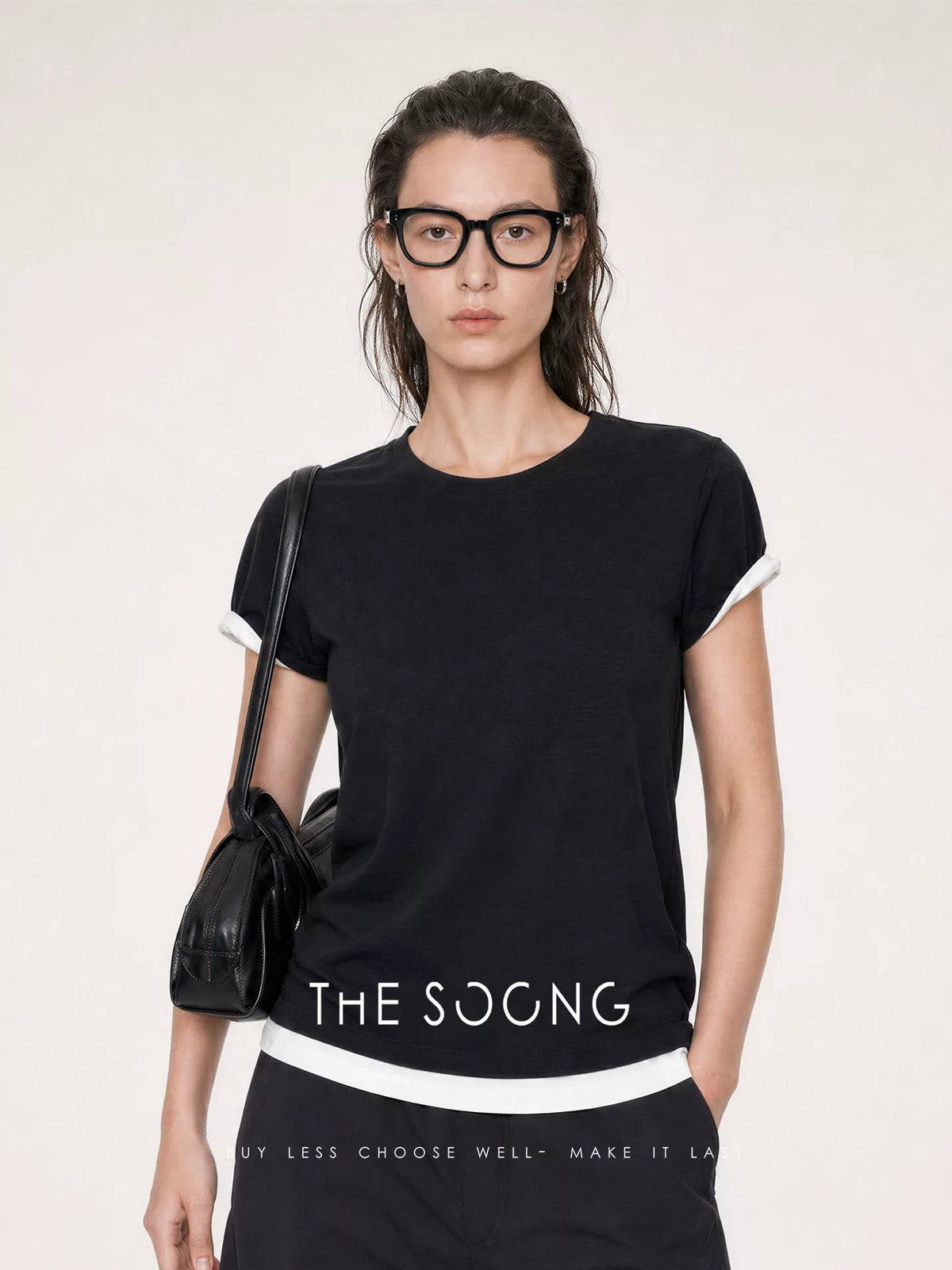 THESOONG / Minimal Layer High-quality Anti-deformation Slim Black and White Color-block False Two-piece T-shirt Women Summer 7683