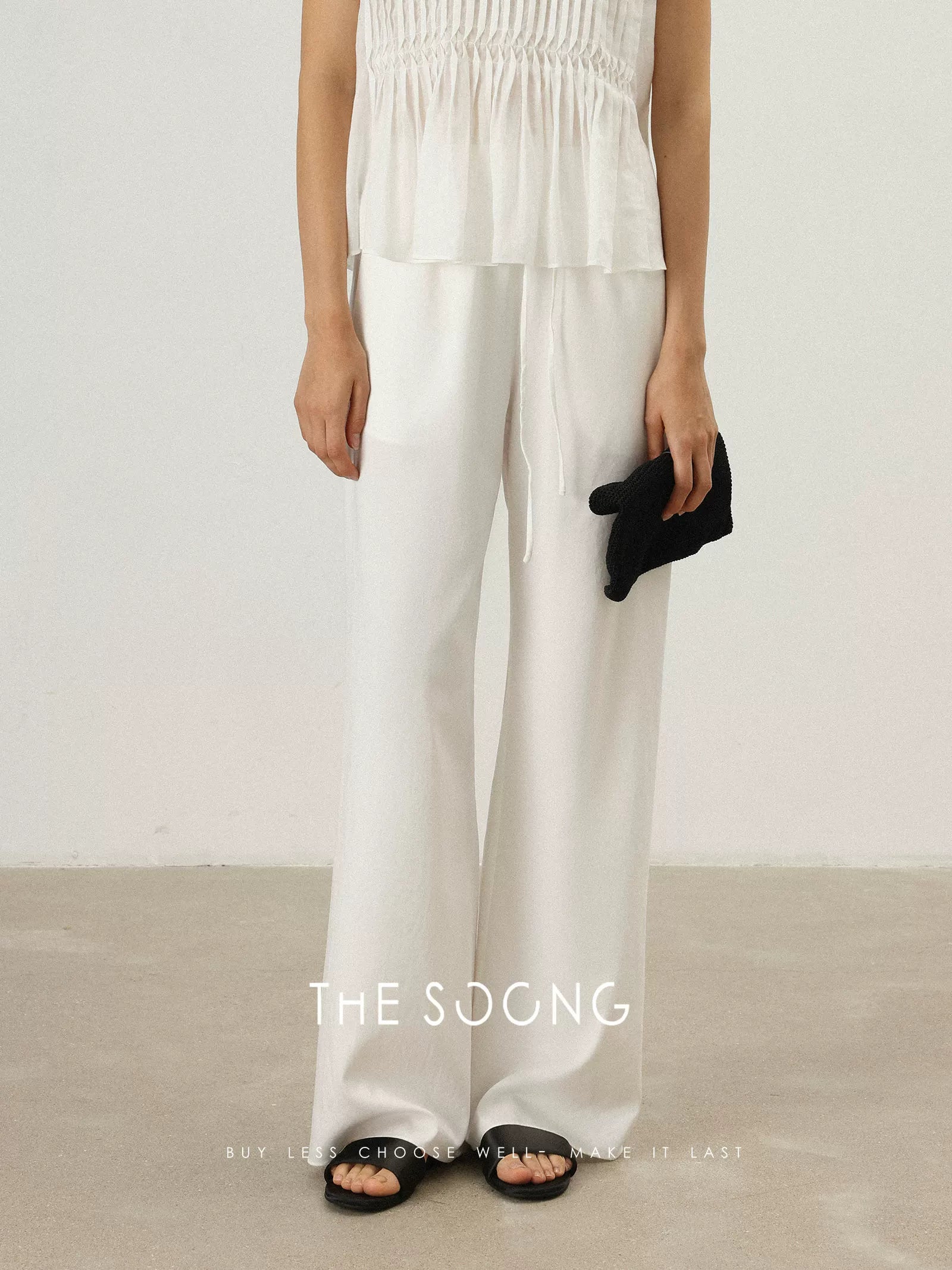THESOONG/Lyocell Tencel Straight Casual Pants Women Elastic Waist Drawstring Comfortable Loose Long Pants 7391