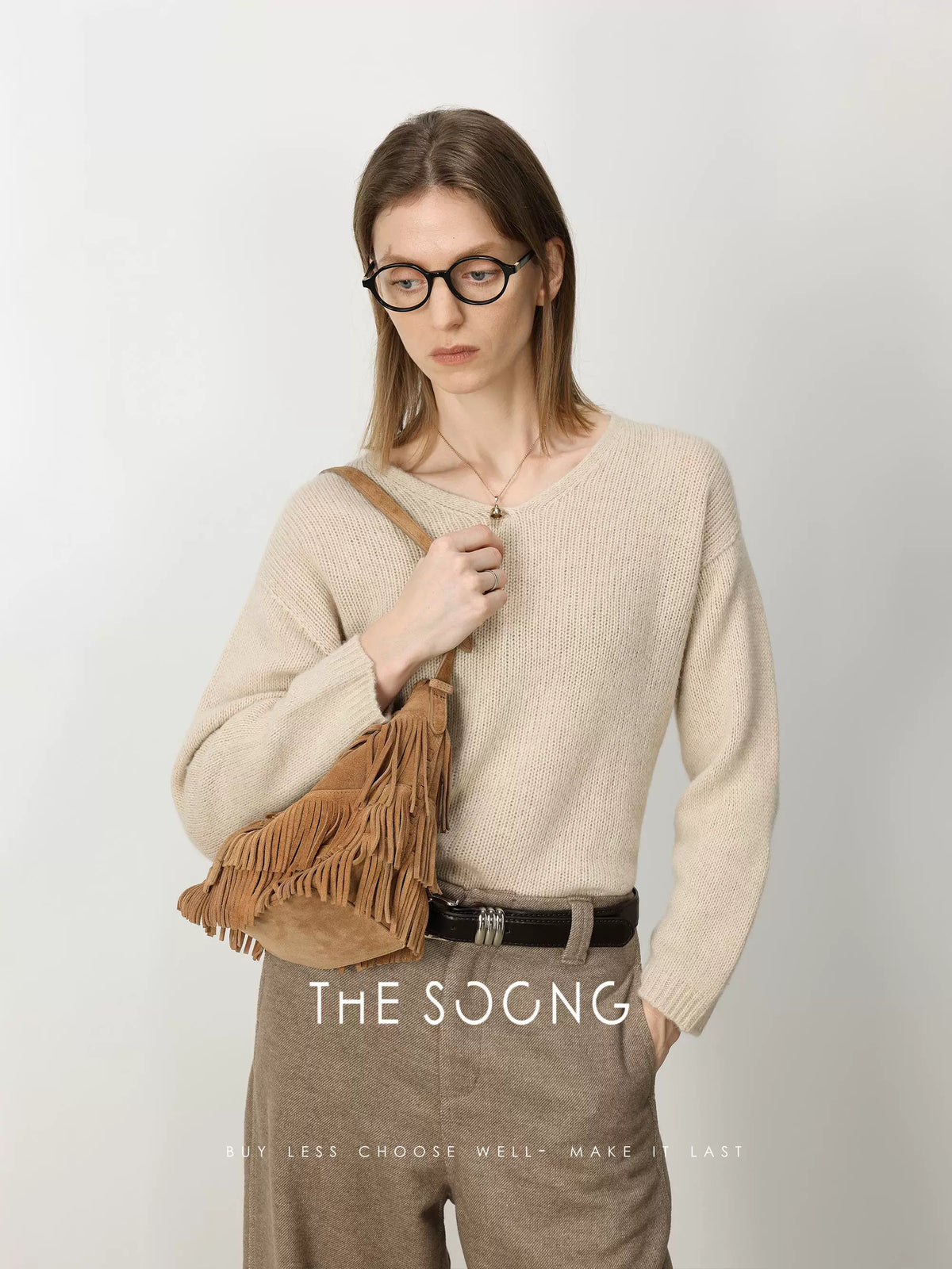 THESOONG/Selected Natural Yak Wool German Imported Seamless One-Piece Knitted Drop Shoulder Casual V-Neck Sweater for Women