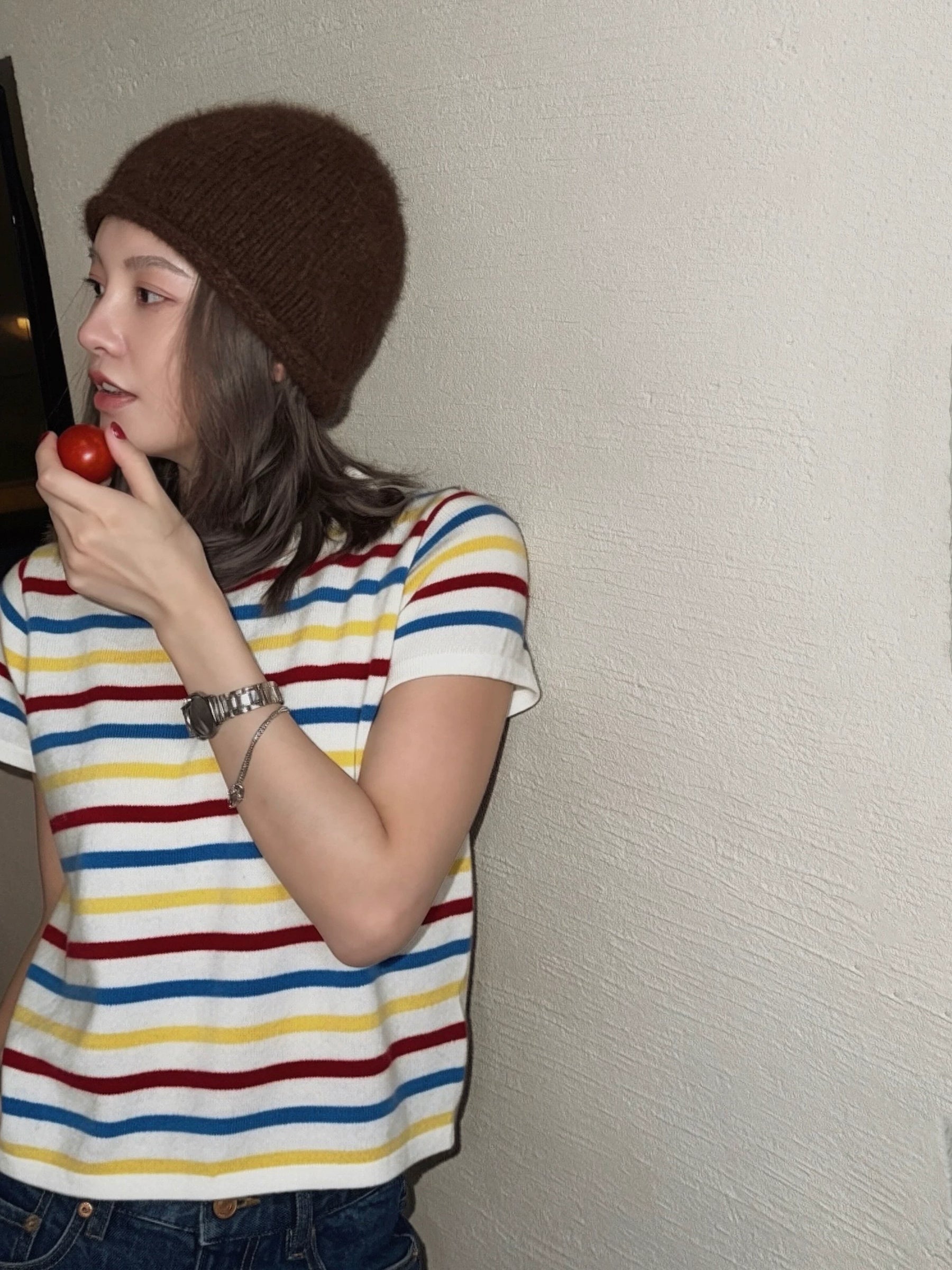 THESOONG / Rainbow Sweater Australian Imported 90% Wool High-Count Fine Knit Short Sleeve Striped Sweater for Women 9041