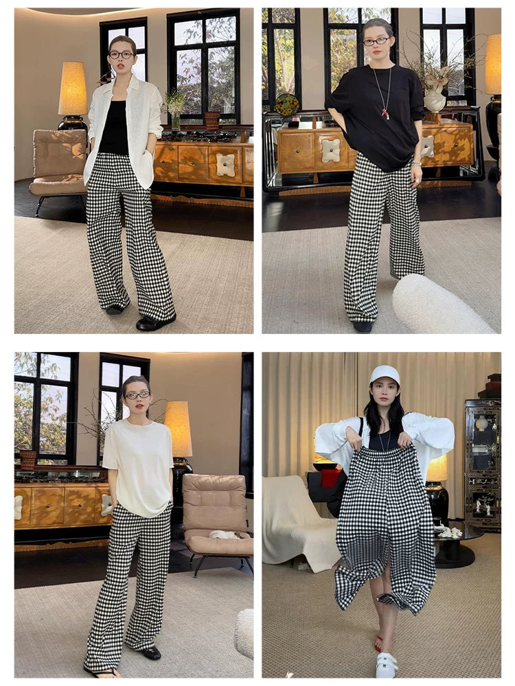 THESOONG/ Vintage British Black-and-White Plaid, Thin Elastic Waist Loose Soft Casual Wide-leg Pants for Women 6623