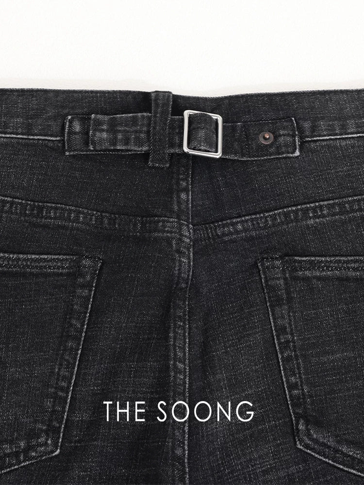THESOONG / Bajia Black Cow Classic Vintage High-Count Cotton Feel Mid-Rise Stretch Washed Black Jeans 8378