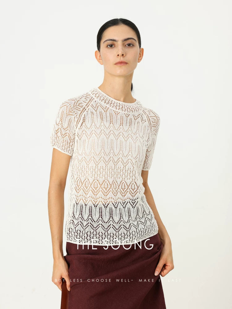 THESOONG/Lace and Paper Shirt Classic Interpretation Hollow-Stitch Structured Round Neck Thin Short Sleeve T-Shirt Top 6895