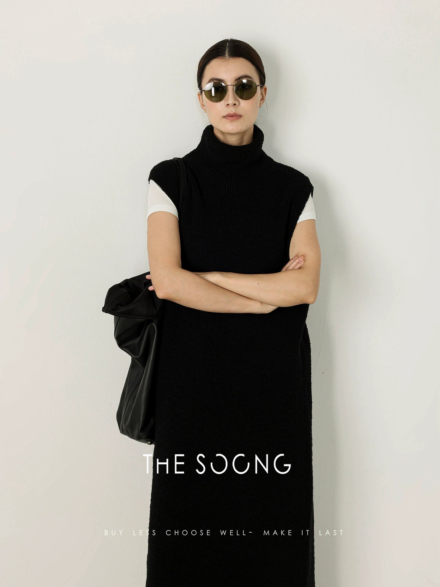 THESOONG/Autumn and Winter 100% Cotton Sleeveless Knit Dress Textured Mid-Length High-Neck Long Dress 7764