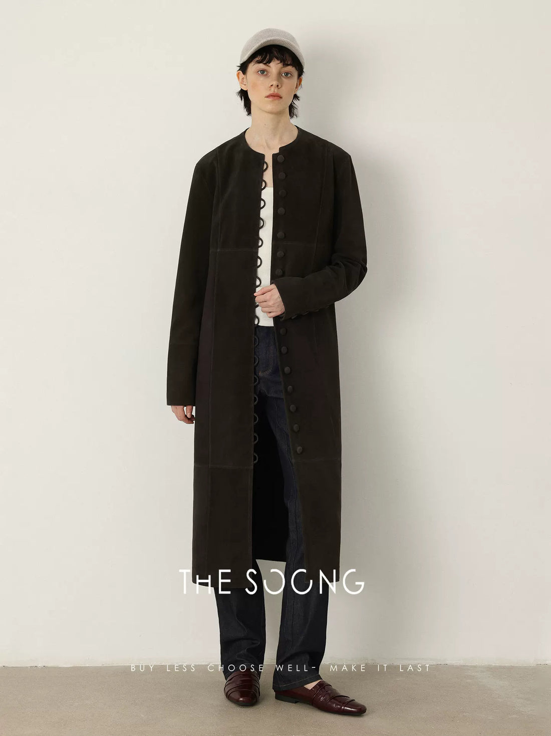 THESOONG/ 100% High-End Genuine Goat Leather Jacket for Women, Straight Trench Fit, Collarless Mid-length Leather Coat