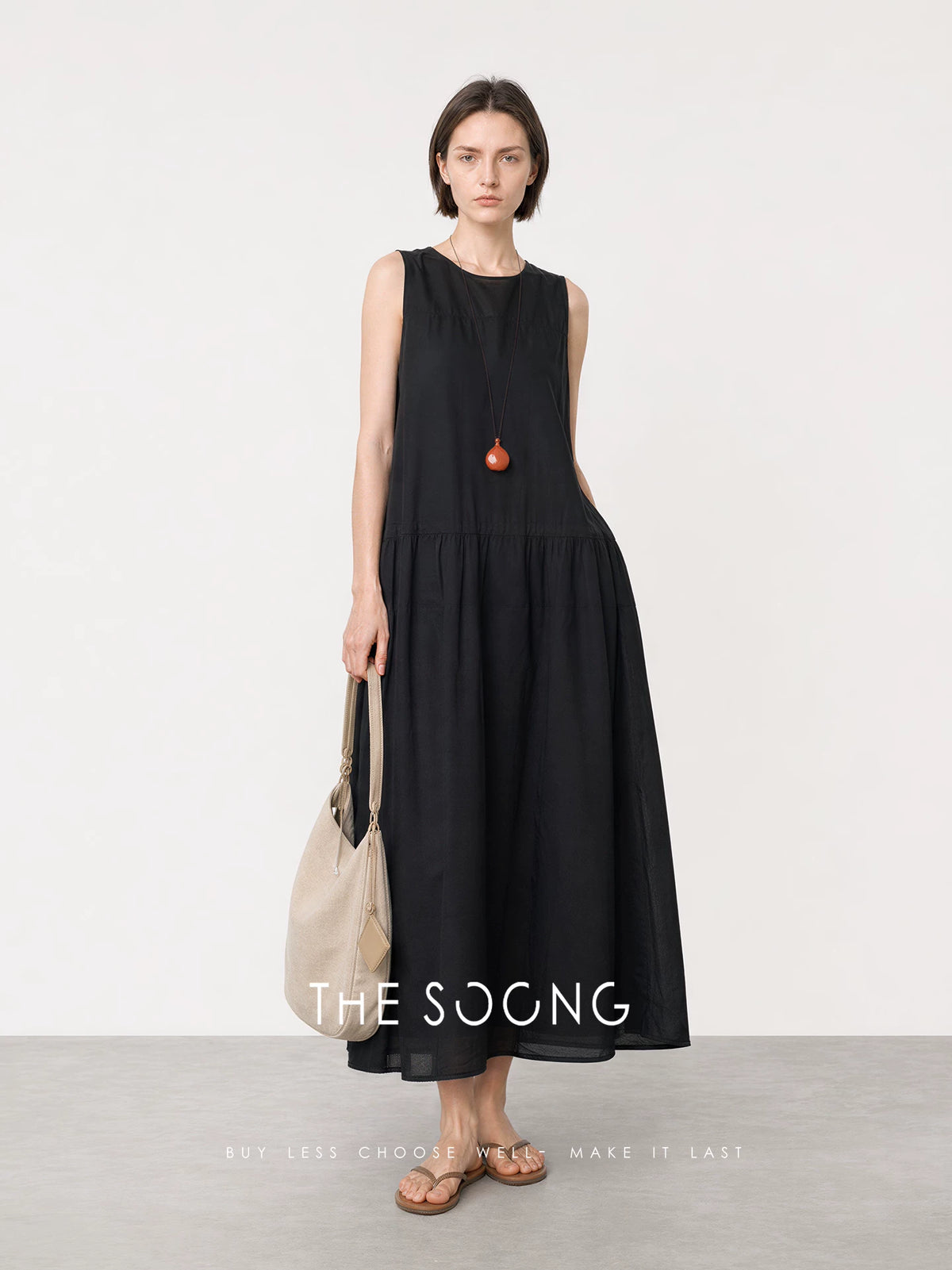 THESOONG/Summer Linen-Cotton Tencel Drawstring Waist-Cinching Black-and-White Sleeveless Dress for Women HWQZ9370