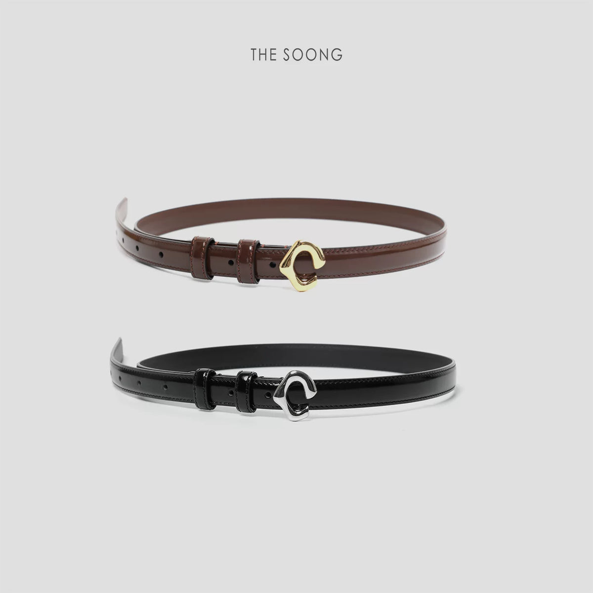 THESOONG/Classic C-shaped top layer leather, glossy versatile buckle thin leather belt 6492