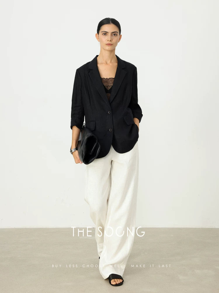 THESOONG/Cool-feel blazer summer pure natural linen naturally wrinkled texture three-quarter sleeve blazer for women 6652