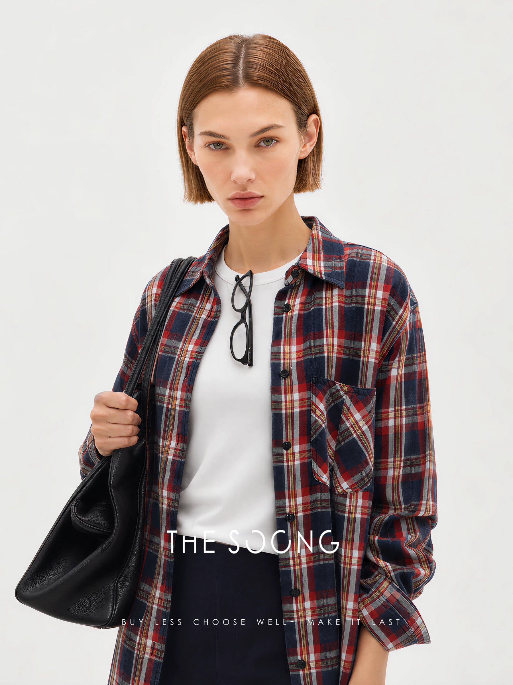 THESOONG/Nostalgic check color woven denim plaid heavy washed casual women's shirt 7740