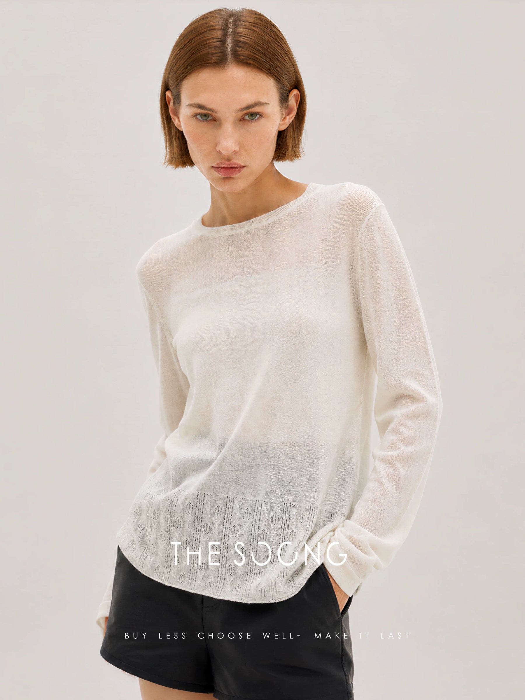 THESOONG/Cloud Fleece Soft Glow 90% Cashmere Silk Blend 14-Gauge Hollow Texture Crew Neck Sweater 8930