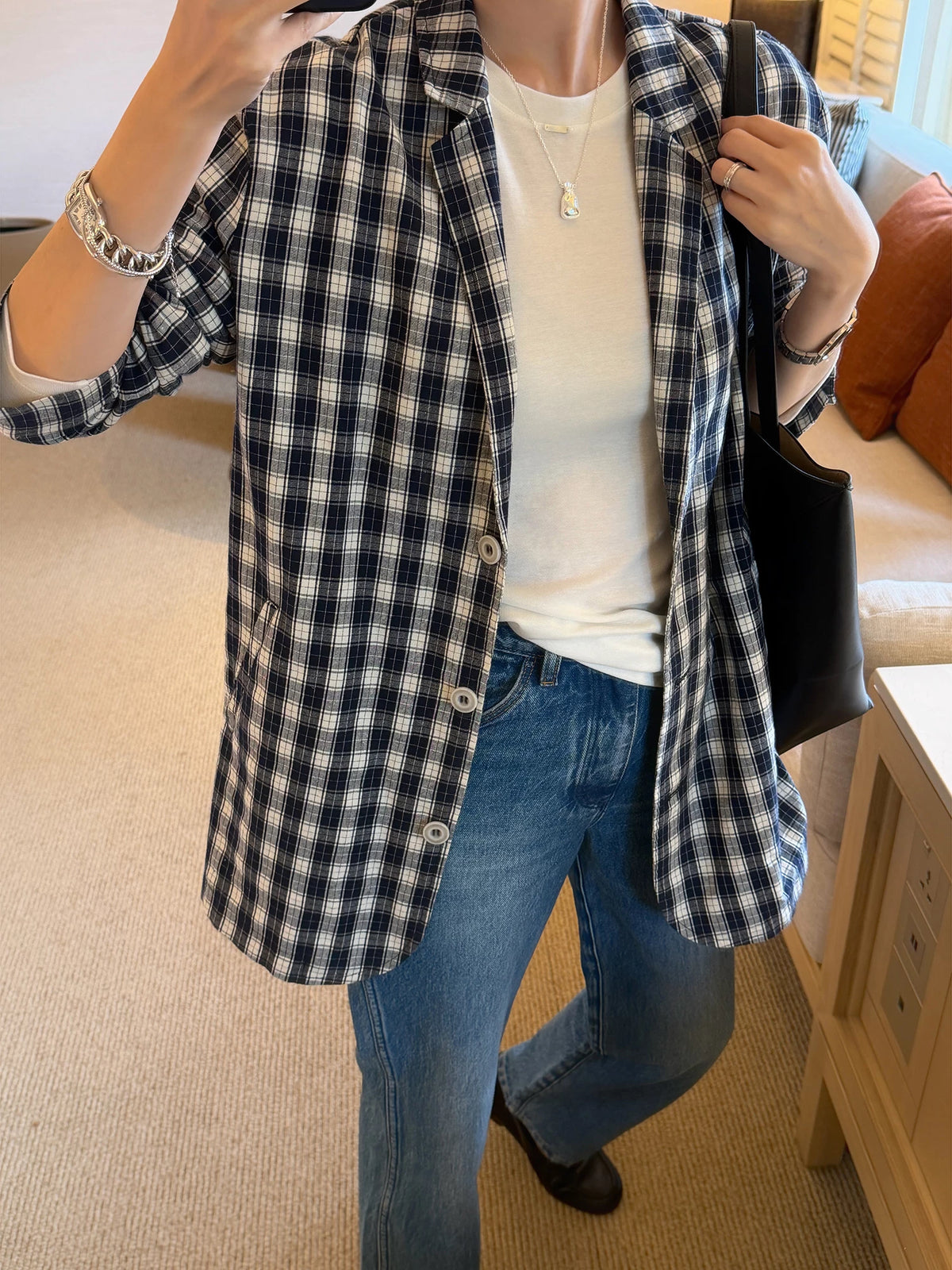 THESOONG / Spring Blue and White Plaid Casual Suit Jacket Women Petite High-end Design Top 8060