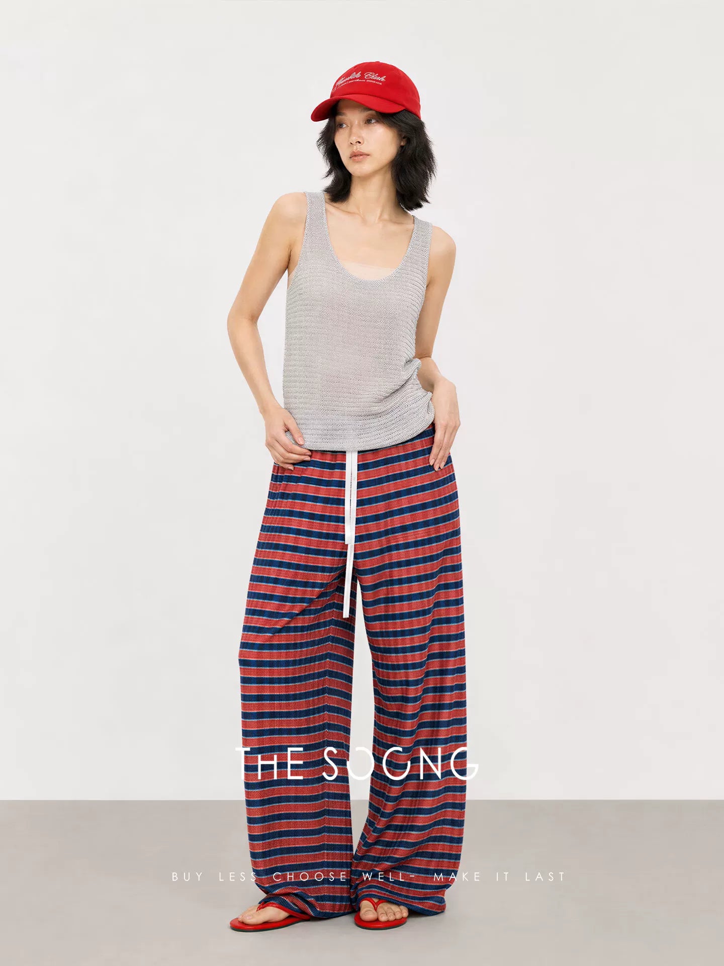 THESOONG/Red and Blue Plaid Straight-Leg Pants for Women, Summer Thin Eco-Dye Recycled Fiber Long Pants HWKZ9315