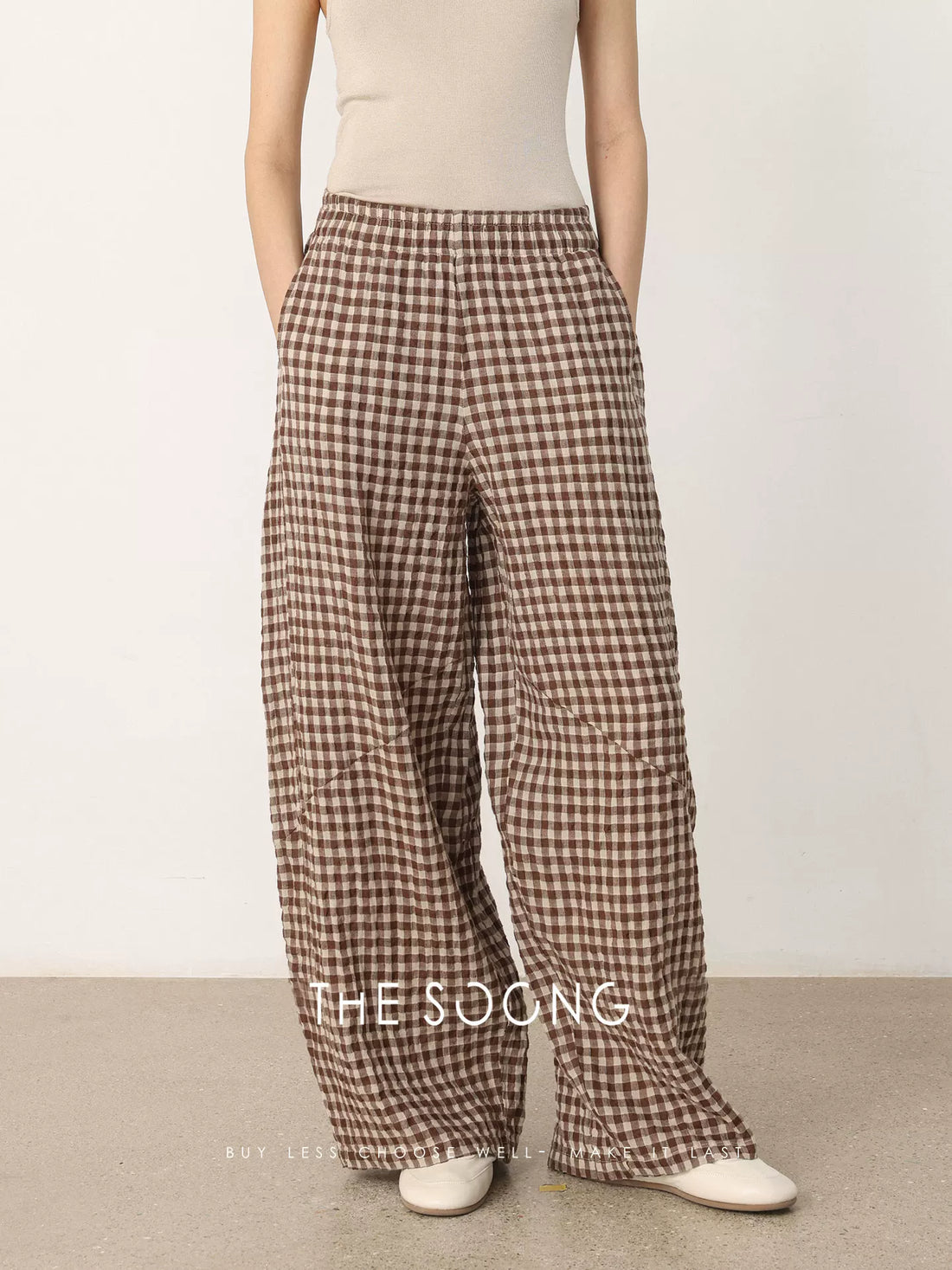 THESOONG/Artistic Plaid Casual Linen Straight Leg Pants Women's Artistic Long Pants Spring HBKZ8562
