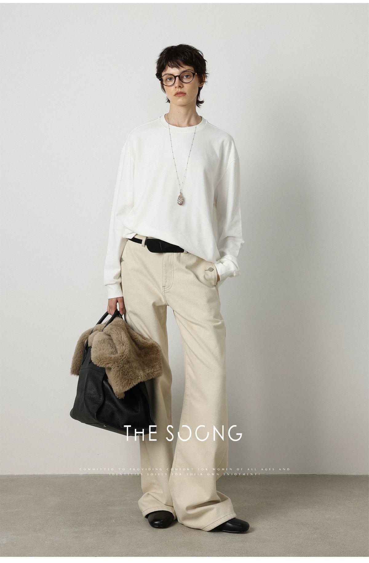THESOONG/ 40-count glutinous rice plush simple versatile basic crewneck T-shirt warm comfortable base sweatshirt for women
