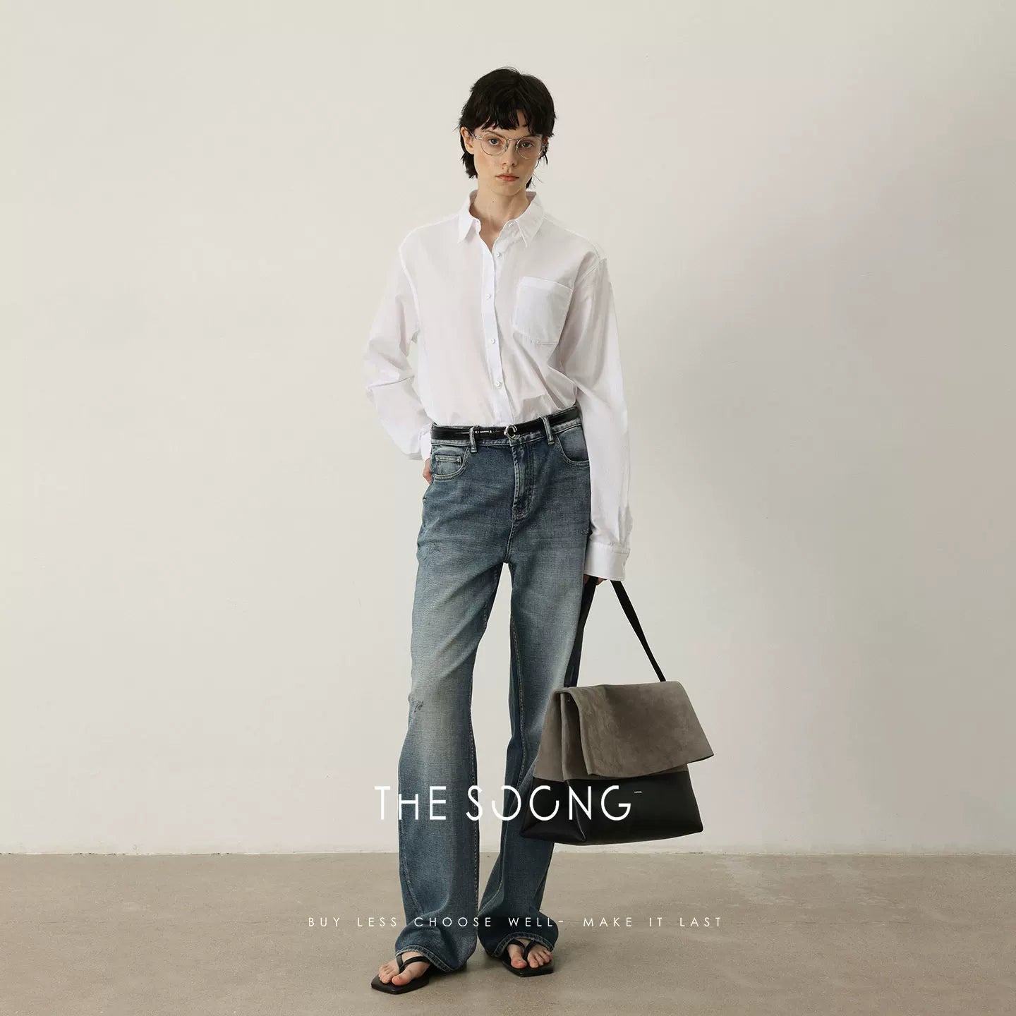 THESOONG / Italian Imported Denim Fabric Full Wash Sanded Cat Whisker Texture Jeans 7206