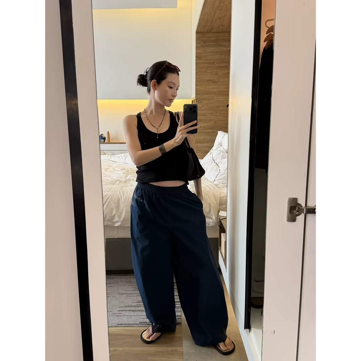 THESOONG/Slimming 100% Horse Cotton Wide Top and Narrow Bottom Tapered Women's Nine-Point Casual Pants 8649