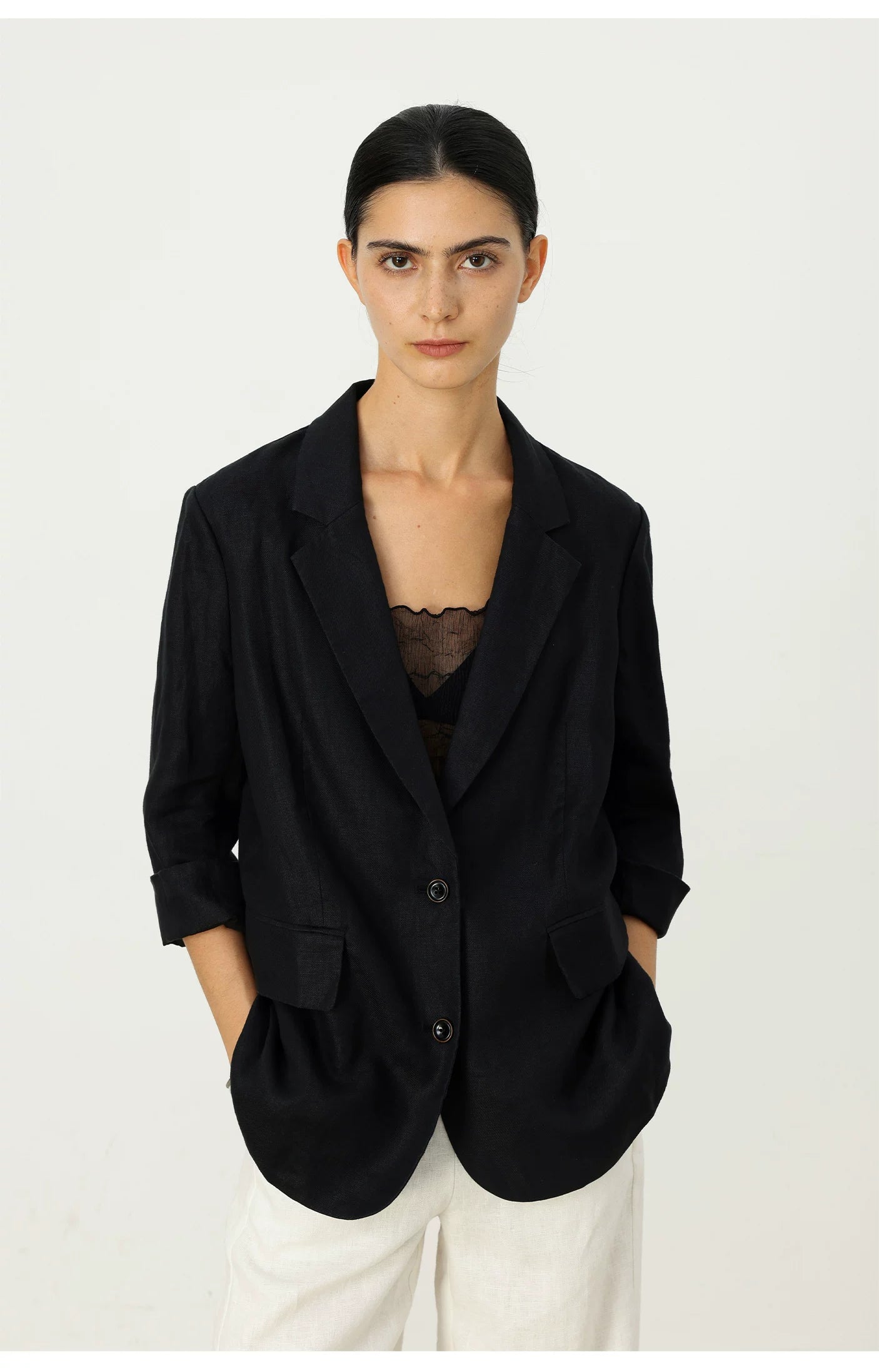 THESOONG/Cool-feel blazer summer pure natural linen naturally wrinkled texture three-quarter sleeve blazer for women 6652