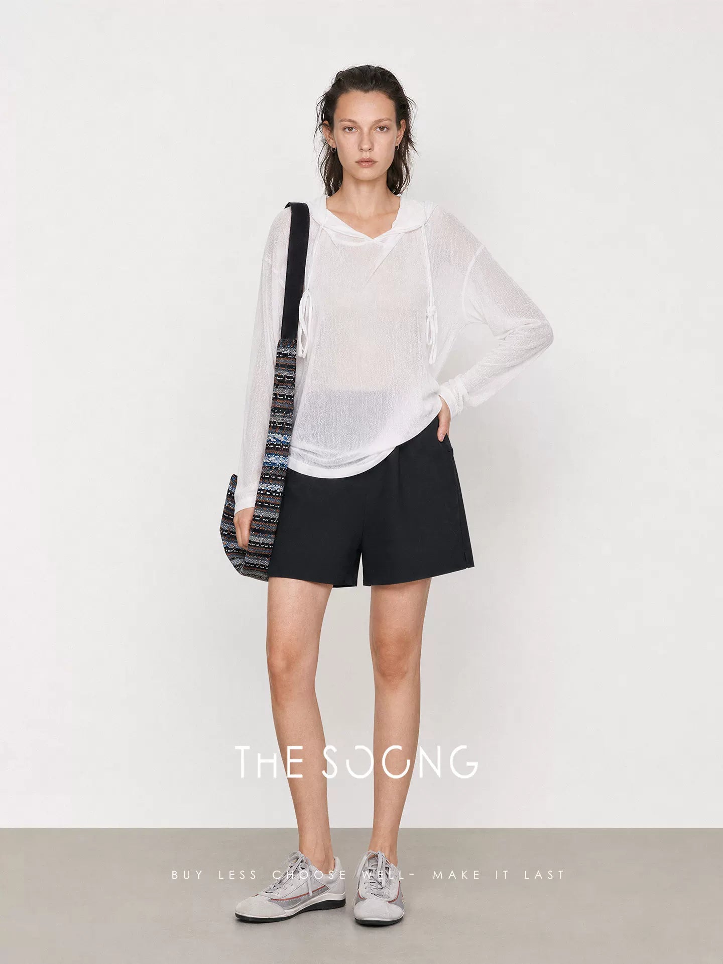 THESOONG/Relaxed Commuting Delicate Slightly Transparent Texture Loose Drop Shoulder Drawstring Slim Hooded Knitwear 9161