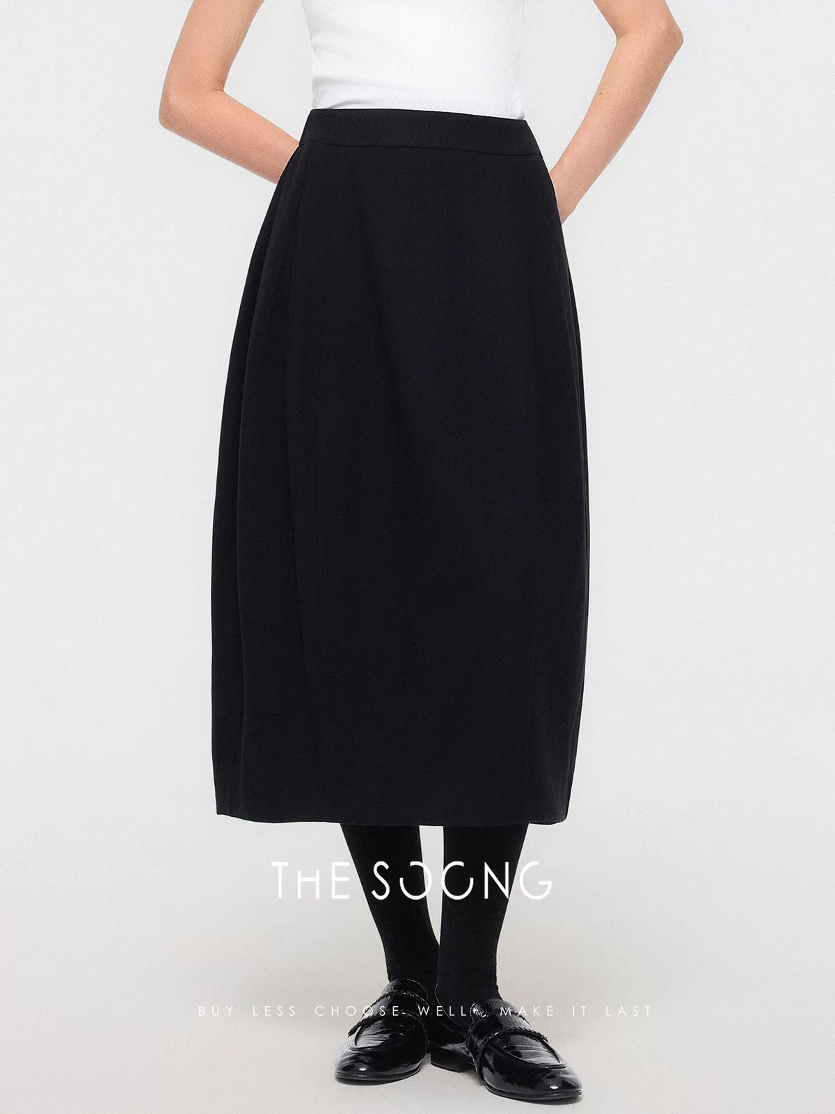 THESOONG/Autumn and Winter 100% Wool Elastic Waist Slightly Stretch Thickened Mid-Length Waist-Drawstring Balloon Skirt 7856