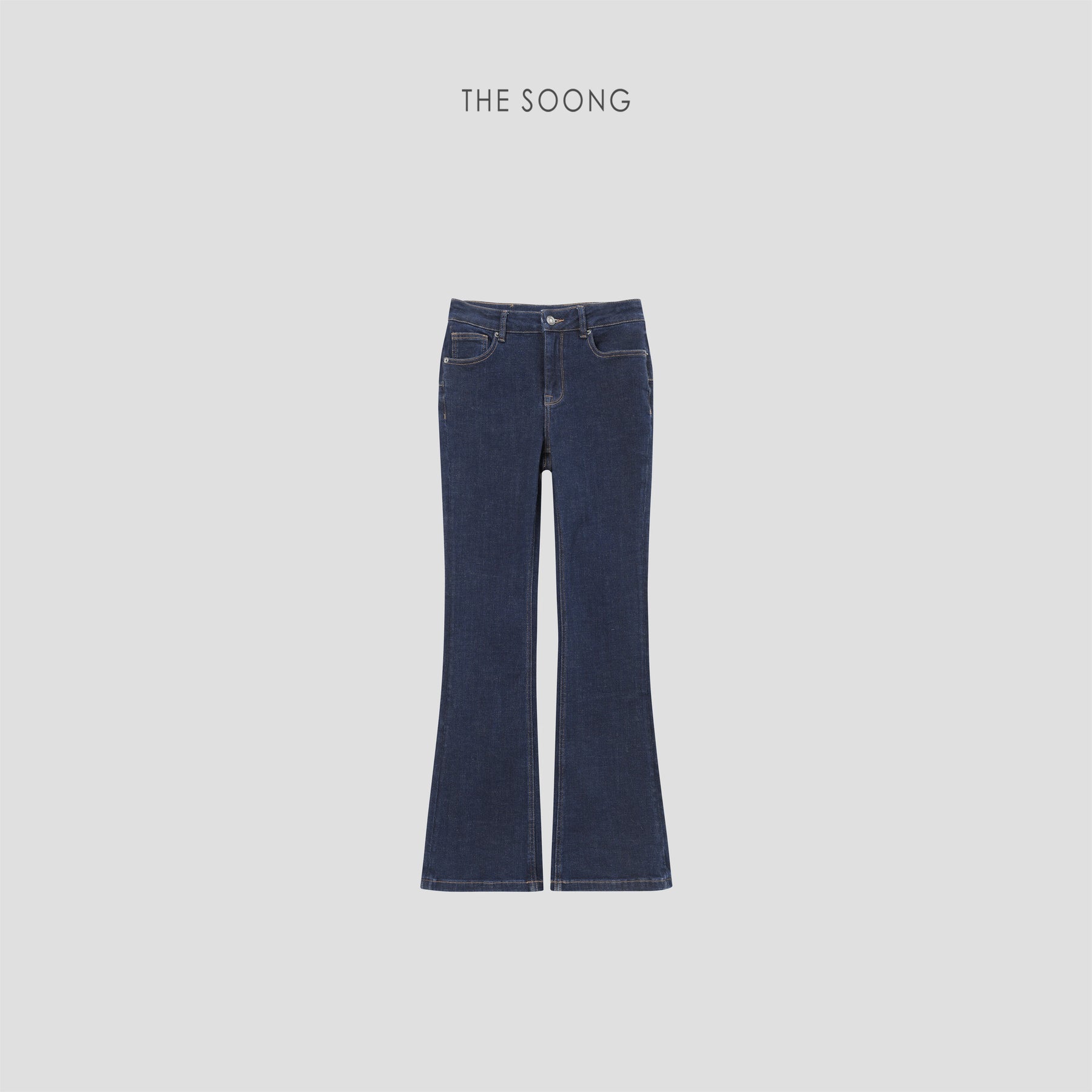 THESOONG/Everlasting Retro Sandwashed Line Sense Mid-Waist Stretch Flared Denim Jeans for Women 7077