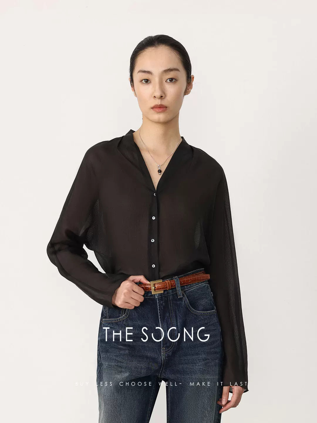 THESOONG / 100% mulberry silk long-sleeve shirt for women, slightly sheer, sexy, slim-fitting V-neck top HWCS8665
