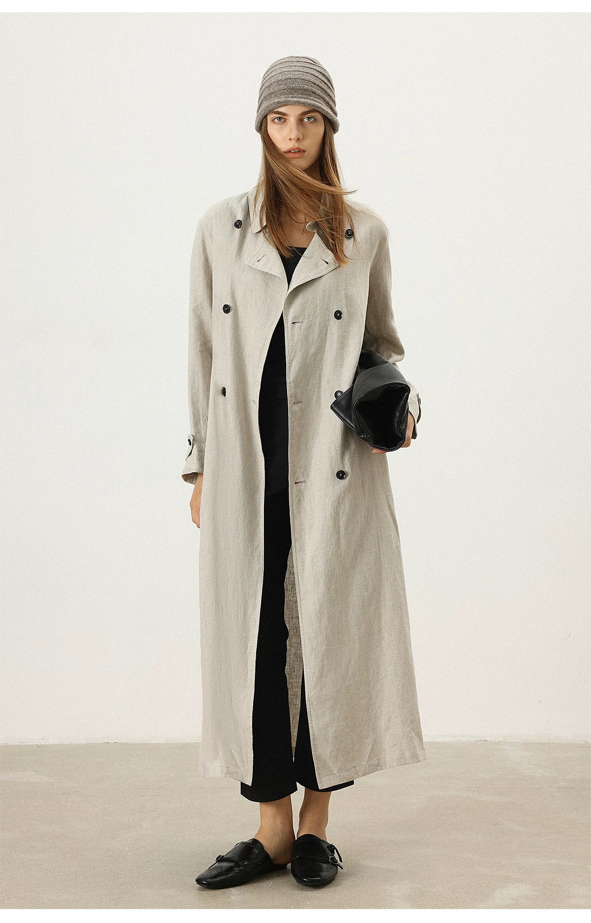 THESOONG/Elegant self-consistency pure natural linen quiet luxury skin-feel blazer-collar long trench coat for women 7193