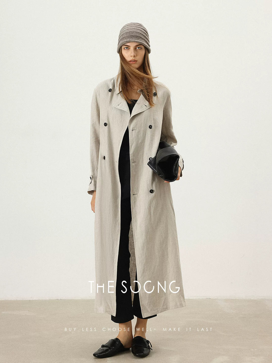 THESOONG/Elegant self-consistency pure natural linen quiet luxury skin-feel blazer-collar long trench coat for women 7193