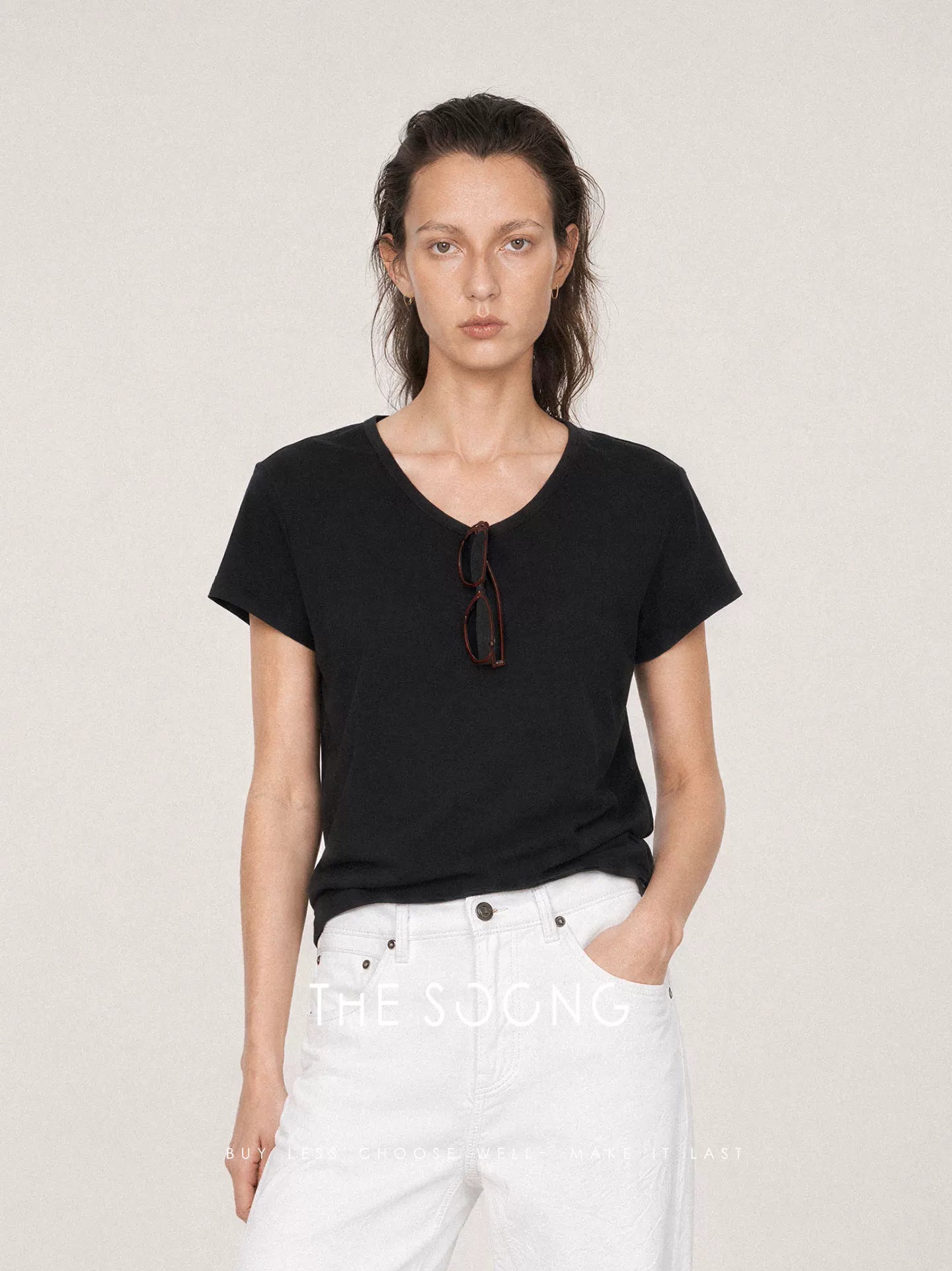 THESOONG/ Summer 100% pure cotton V-neck soft breathable fitted short-sleeve T-shirt 9205